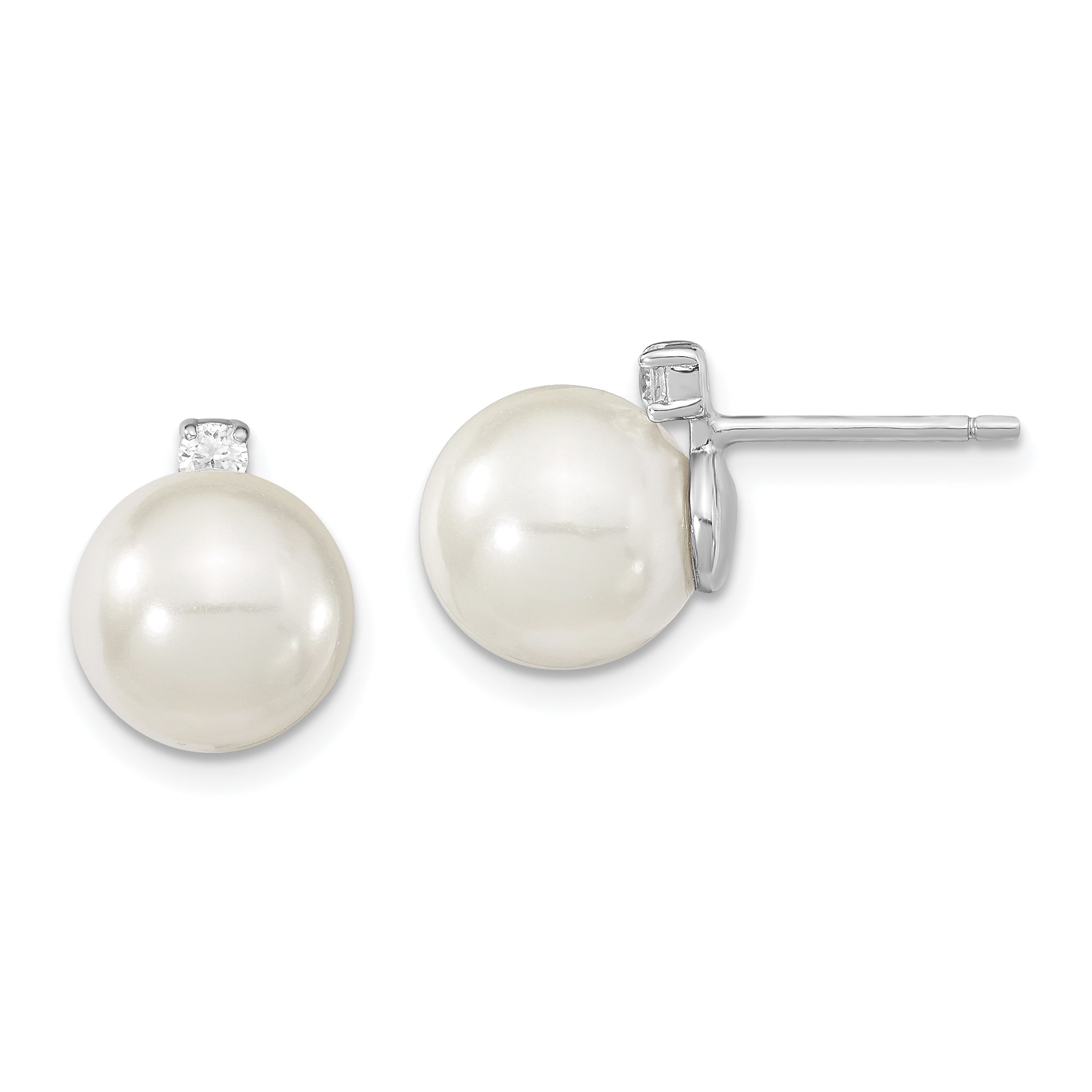 Majestik Sterling Silver Rhodium-plated 8-9mm White Imitation Shell Pearl and CZ Post Earrings