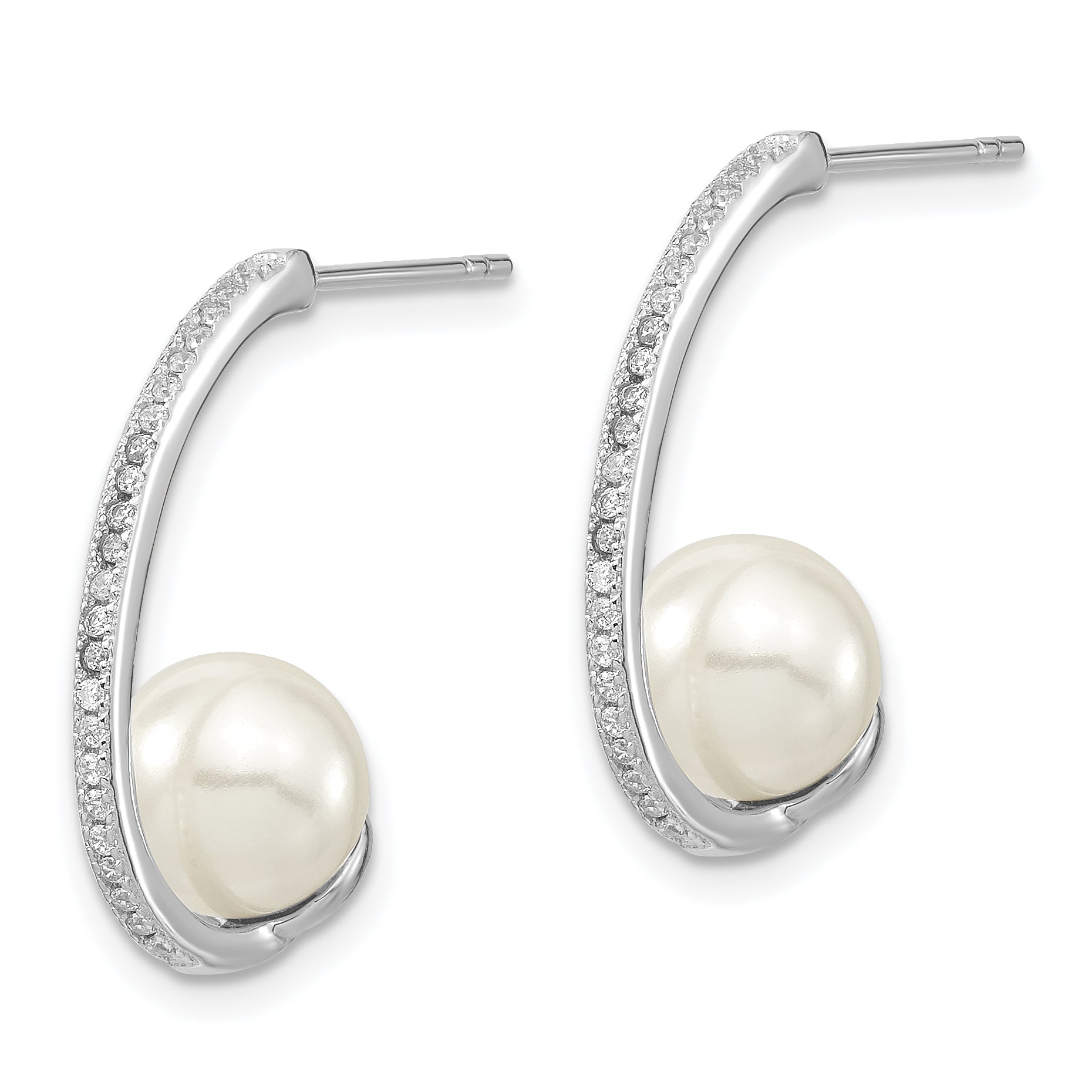 Majestic Sterling Silver Rhodium-plated 8-9mm White Imitation Shell Pearl CZ J-Hoop Post Earrings