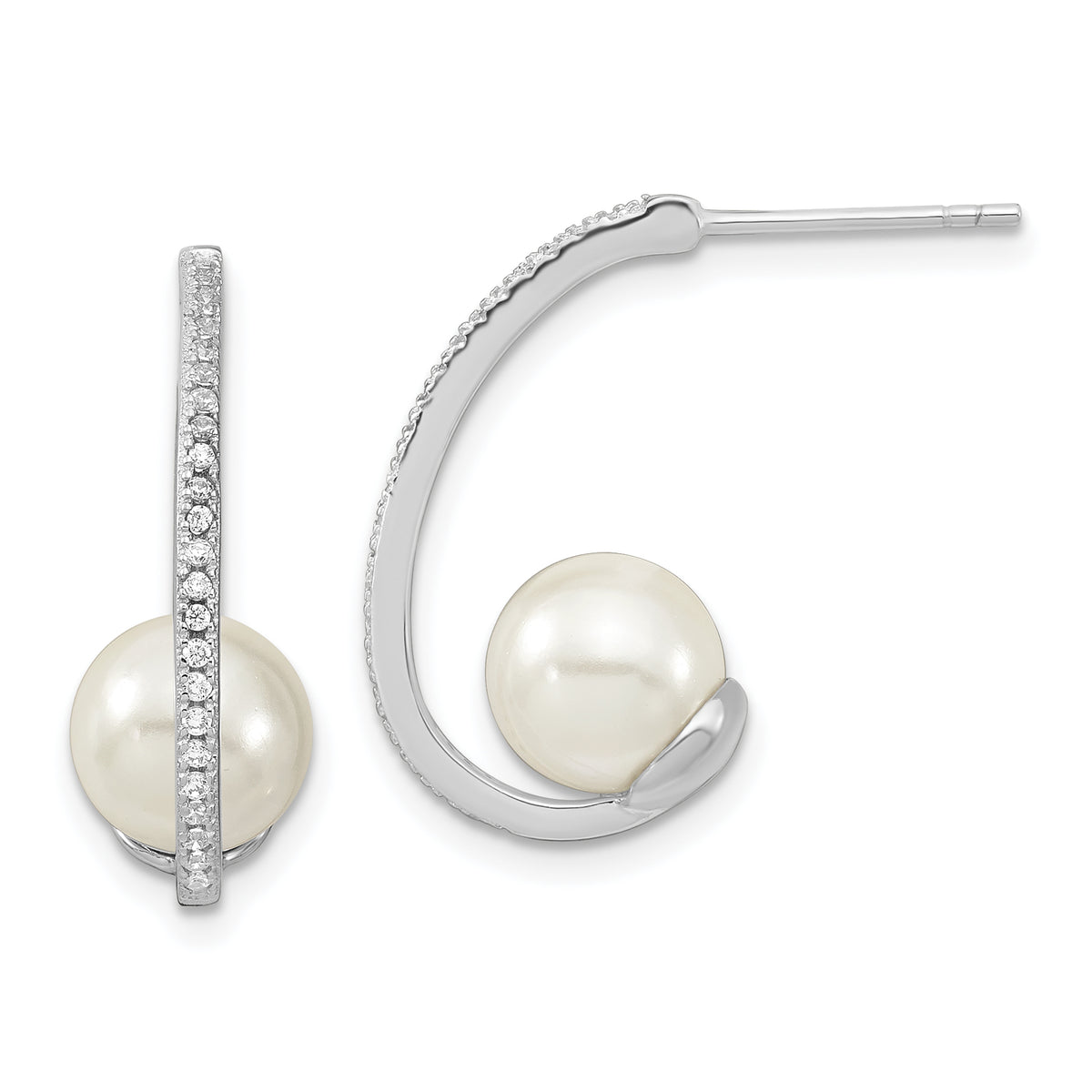 Majestic Sterling Silver Rhodium-plated 8-9mm White Imitation Shell Pearl CZ J-Hoop Post Earrings