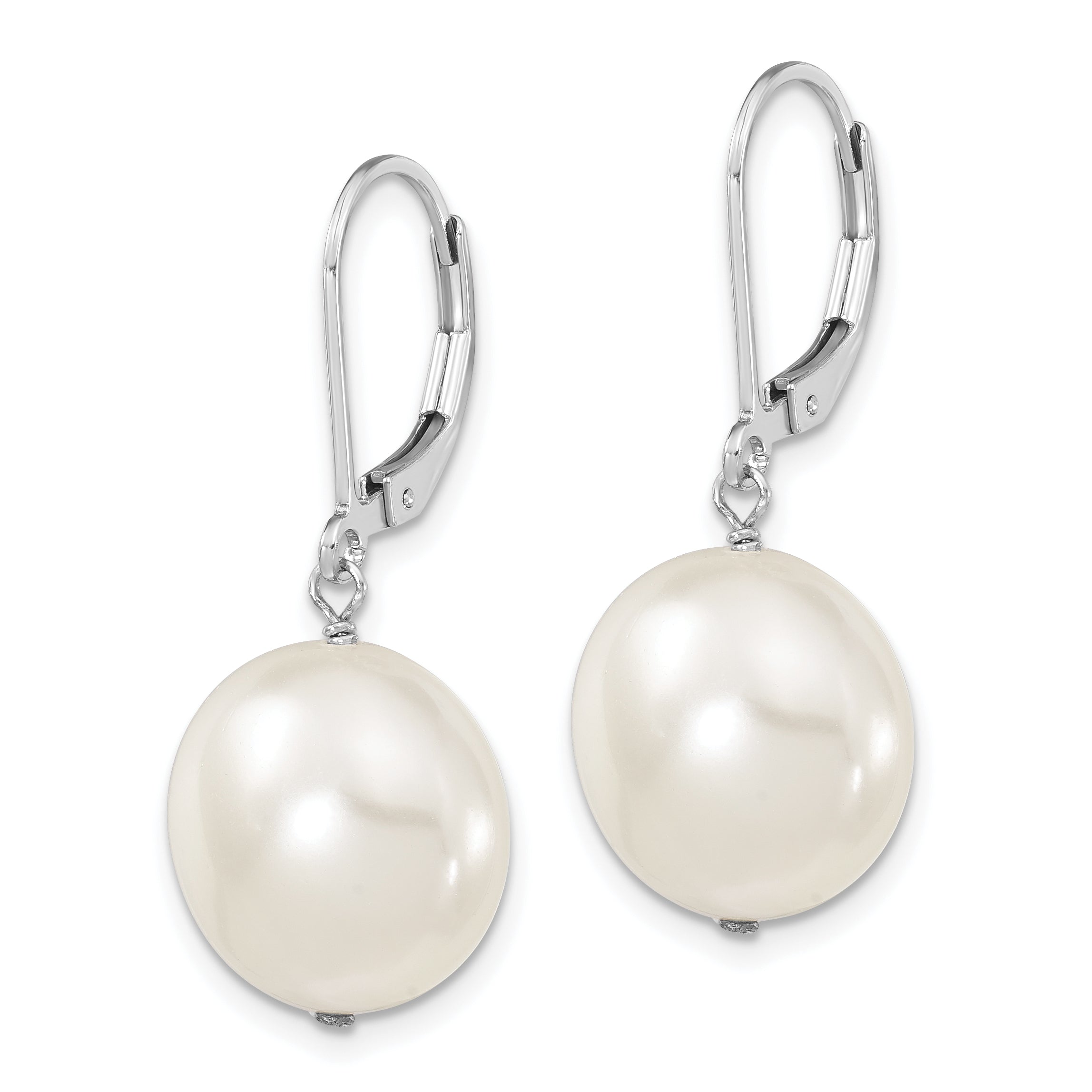 Majestik Sterling Silver Rhodium-plated 14-15mm Coin White Imitation Shell Pearl Leverback Dangle Earrings