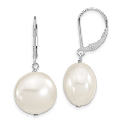 Majestik Sterling Silver Rhodium-plated 14-15mm Coin White Imitation Shell Pearl Leverback Dangle Earrings