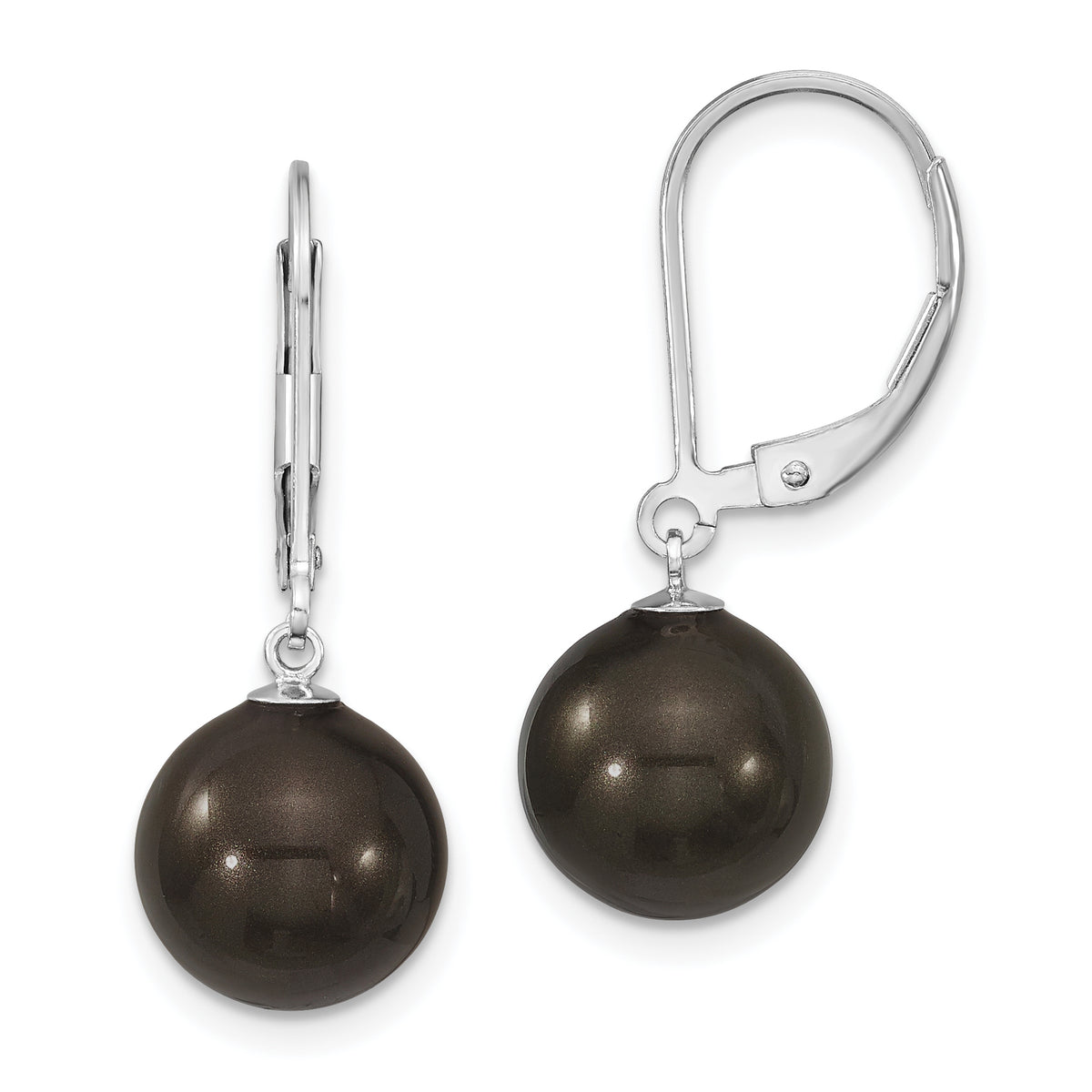 Majestik Sterling Silver Rhodium-plated 10-11mm Black Imitation Shell Pearl Leverback Dangle Earring