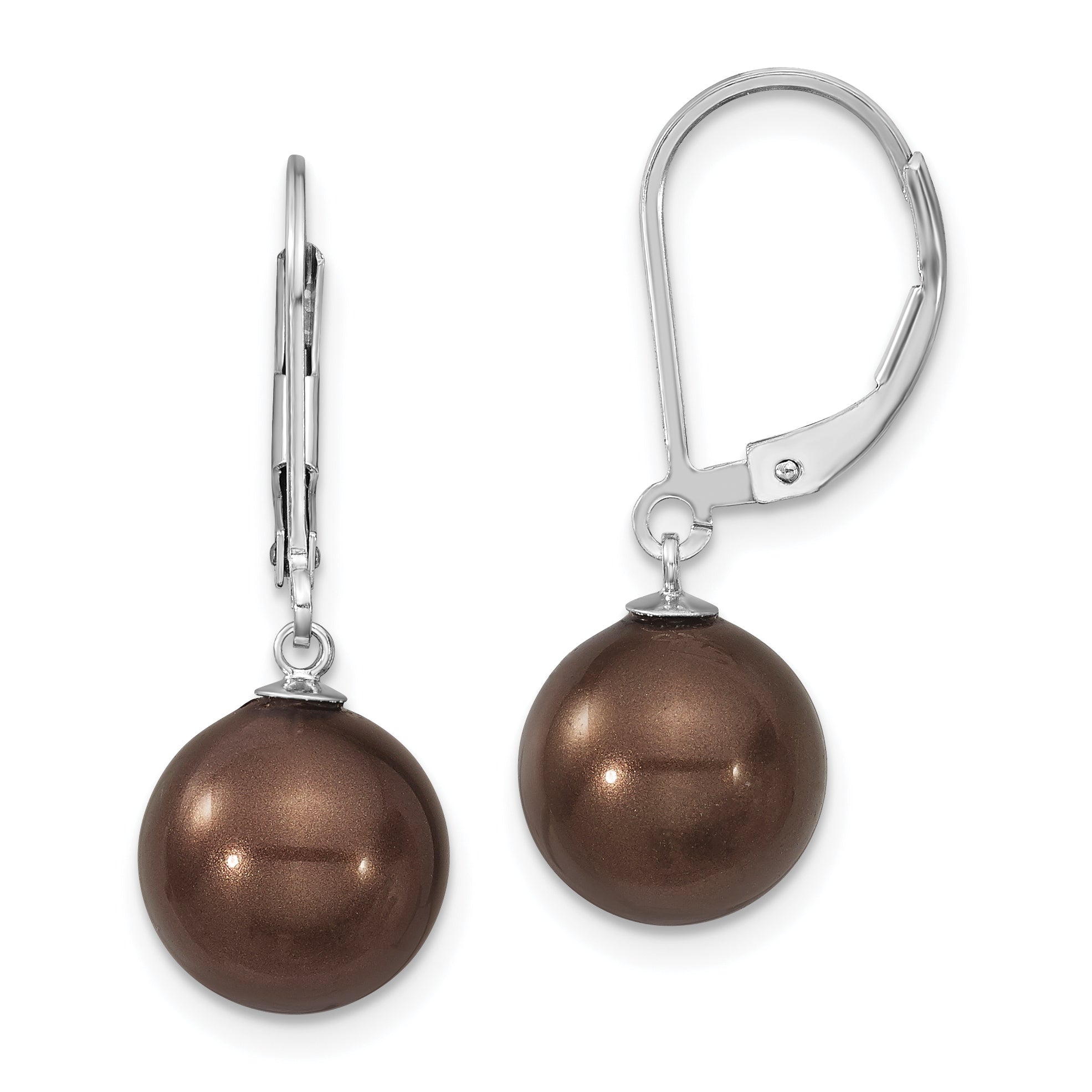 Majestik Sterling Silver Rhodium-plated 10-11mm Brown Imitation Shell Pearl Leverback Dangle Earrings