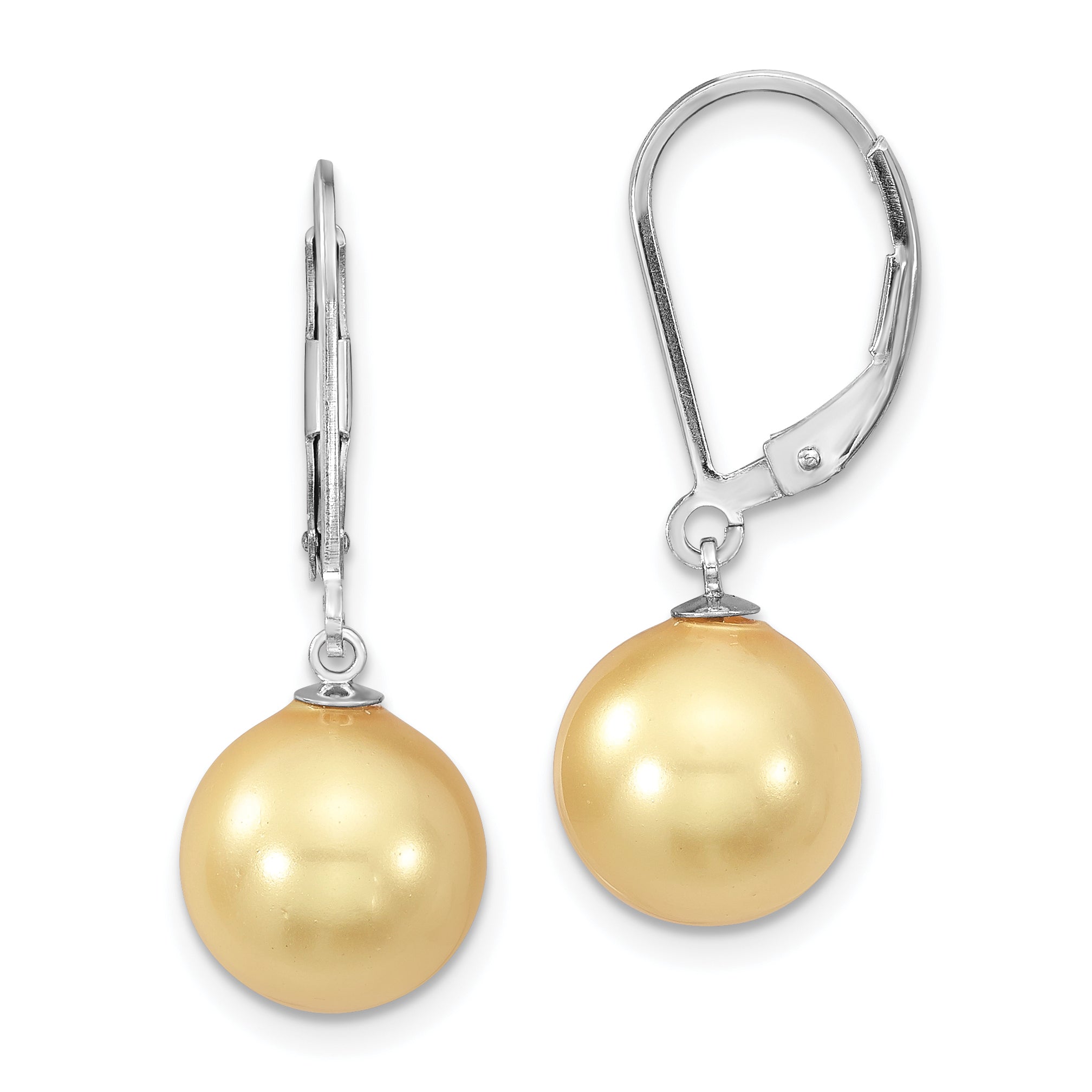 Majestik Sterling Silver Rhodium-plated 10-11mm Yellow Imitation Shell Pearl Leverback Dangle Earrings