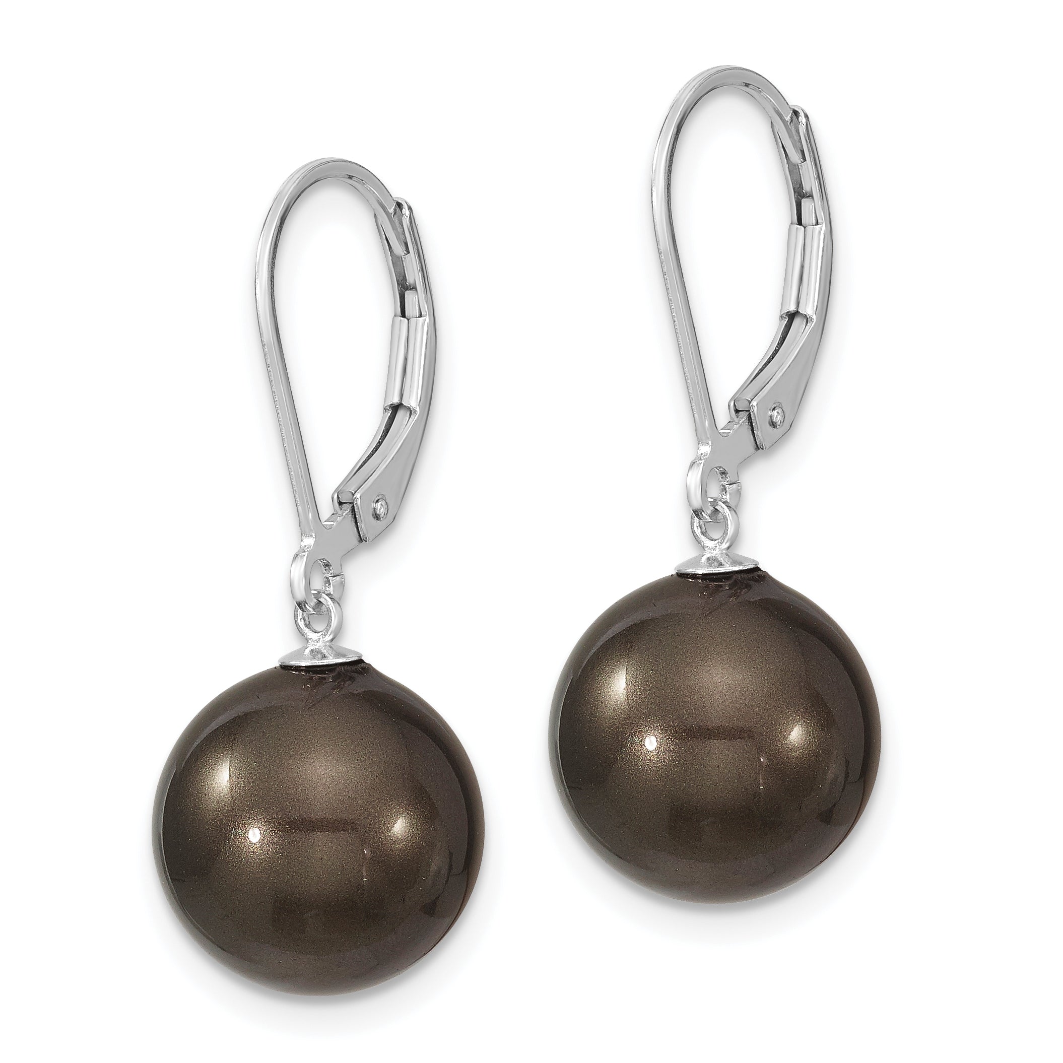 Majestik Sterling Silver Rhodium-plated 12-13mm Black Imitation Shell Pearl Leverback Dangle Earrings