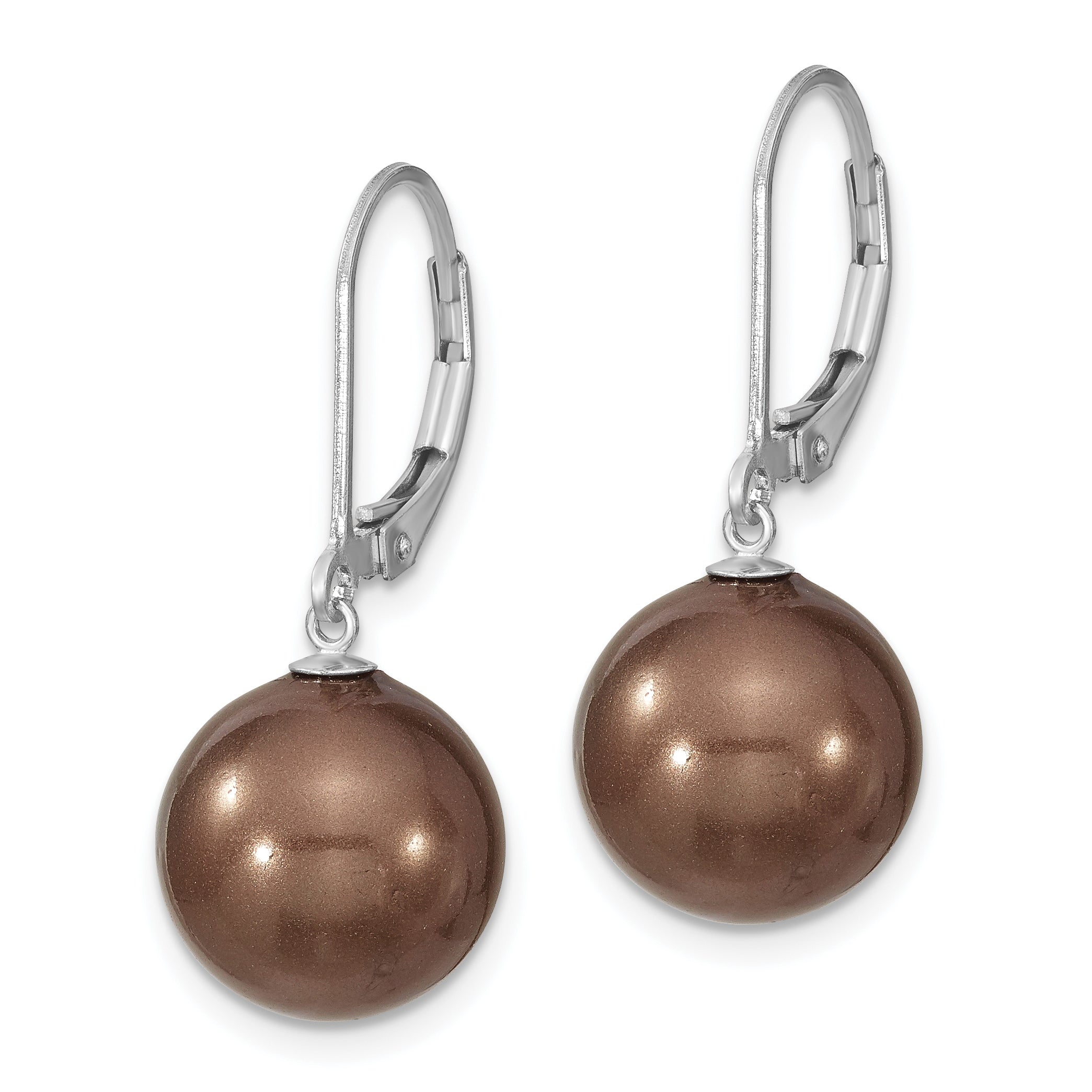 Majestik Sterling Silver Rhodium-plated 12-13mm Brown Imitation Shell Pearl Leverback Dangle Earrings