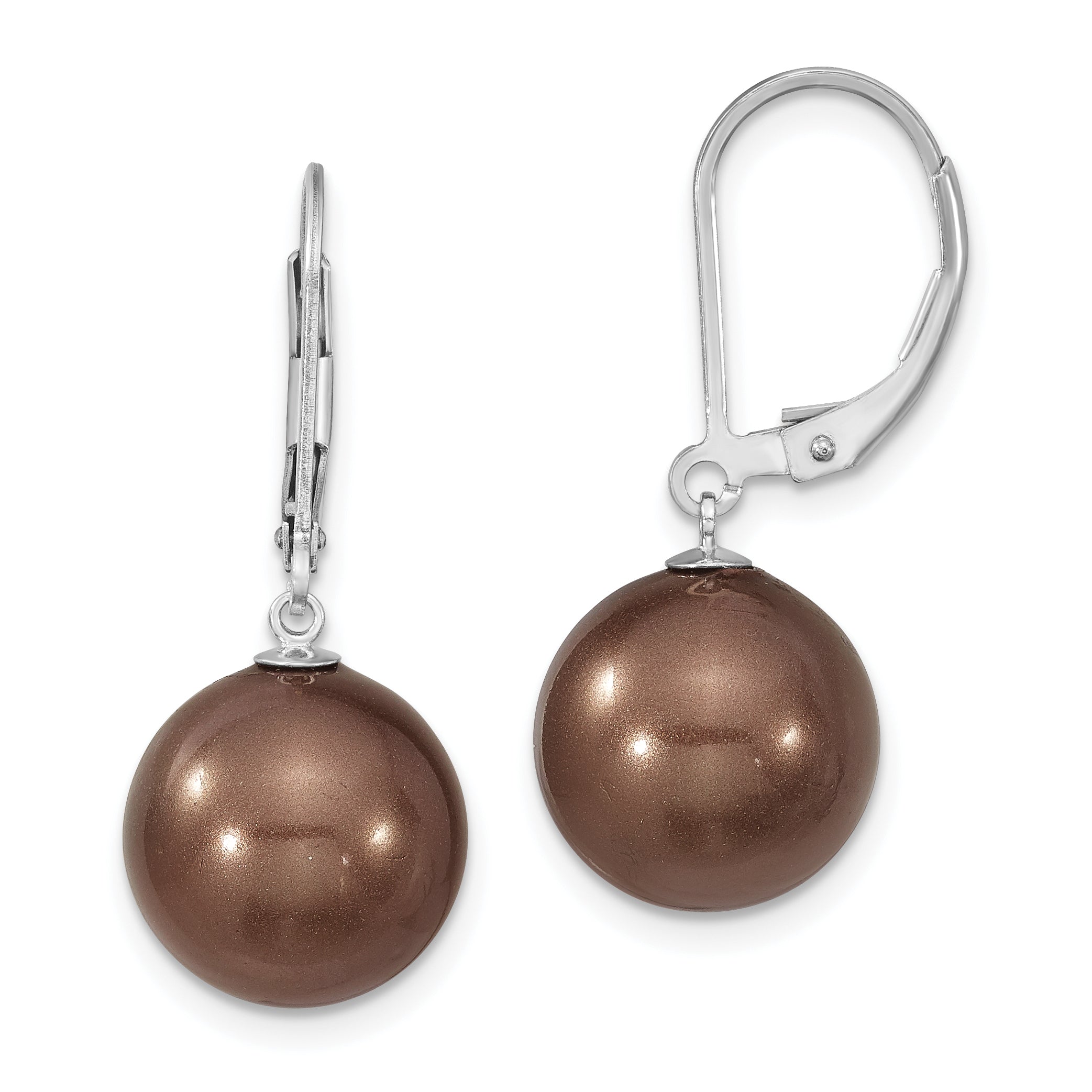 Majestik Sterling Silver Rhodium-plated 12-13mm Brown Imitation Shell Pearl Leverback Dangle Earrings