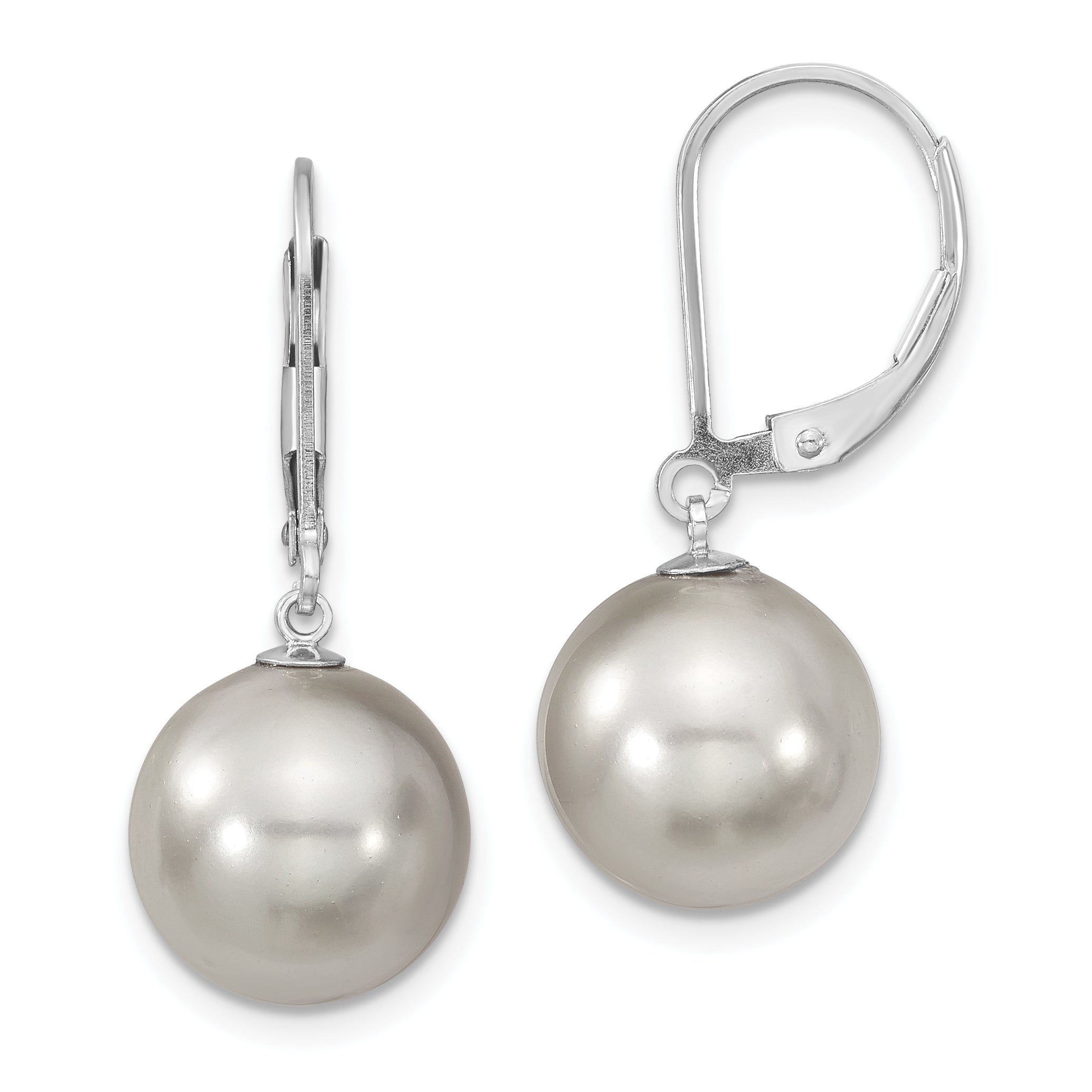 Majestik Sterling Silver Rhodium-plated 12-13mm Grey Imitation Shell Pearl Leverback Dangle Earring