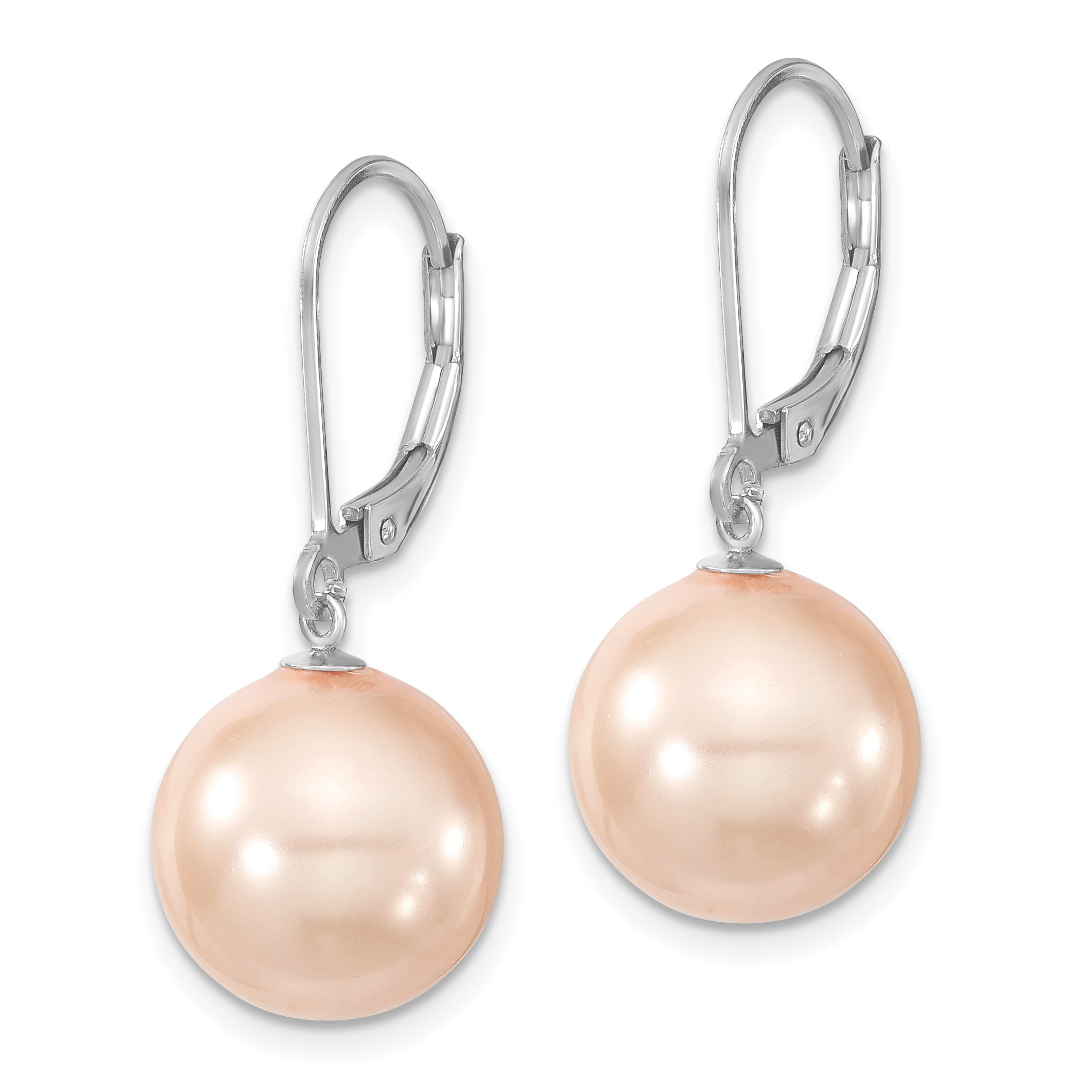 Majestik Sterling Silver Rhodium-plated 12-13mm Pink Imitation Shell Pearl Leverback Dangle Earring