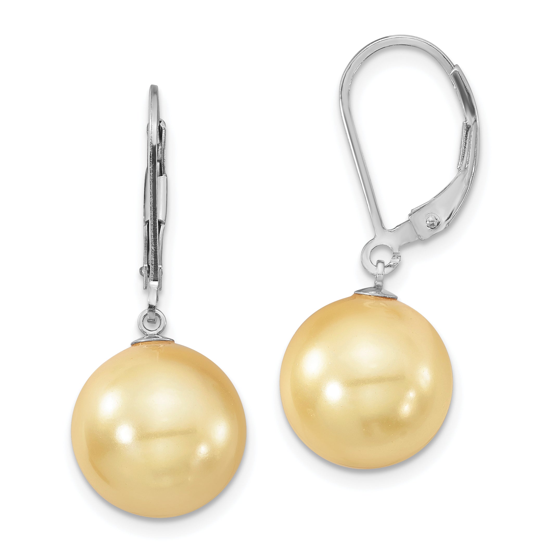 Majestik Sterling Silver Rhodium-plated 12-13mm Yellow Imitation Shell Pearl Leverback Dangle Earrings