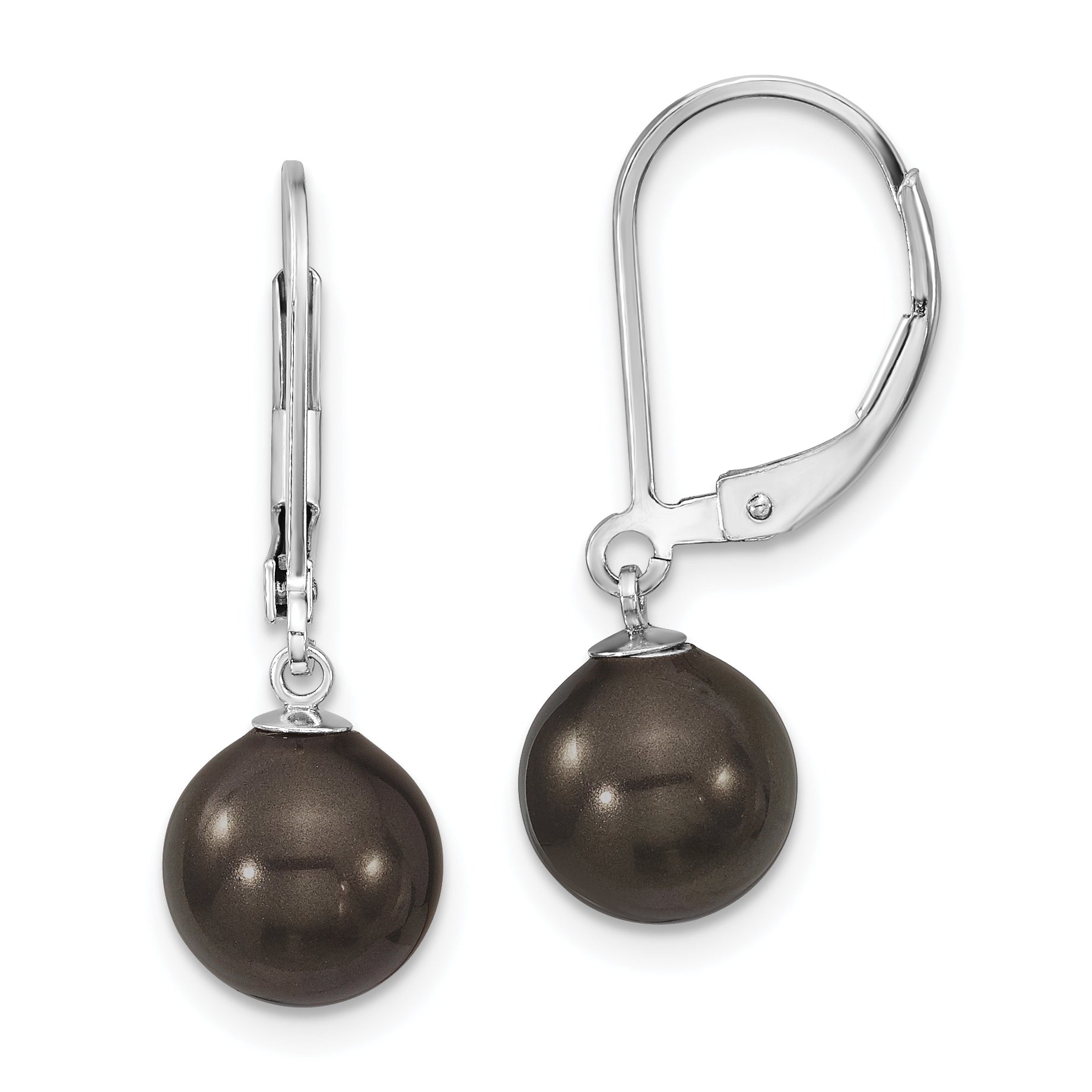 Majestik Sterling Silver Rhodium-plated 8-9mm Black Imitation Shell Pearl Leverback Dangle Earrings