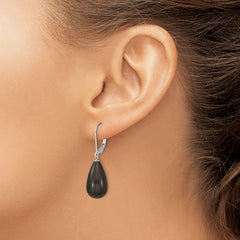 Majestik Sterling Silver Rhodium-plated 10x18mm Teardrop Black Imitation Shell Pearl Leverback Dangle Earrings