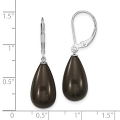 Majestik Sterling Silver Rhodium-plated 10x18mm Teardrop Black Imitation Shell Pearl Leverback Dangle Earrings