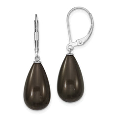 Majestik Sterling Silver Rhodium-plated 10x18mm Teardrop Black Imitation Shell Pearl Leverback Dangle Earrings