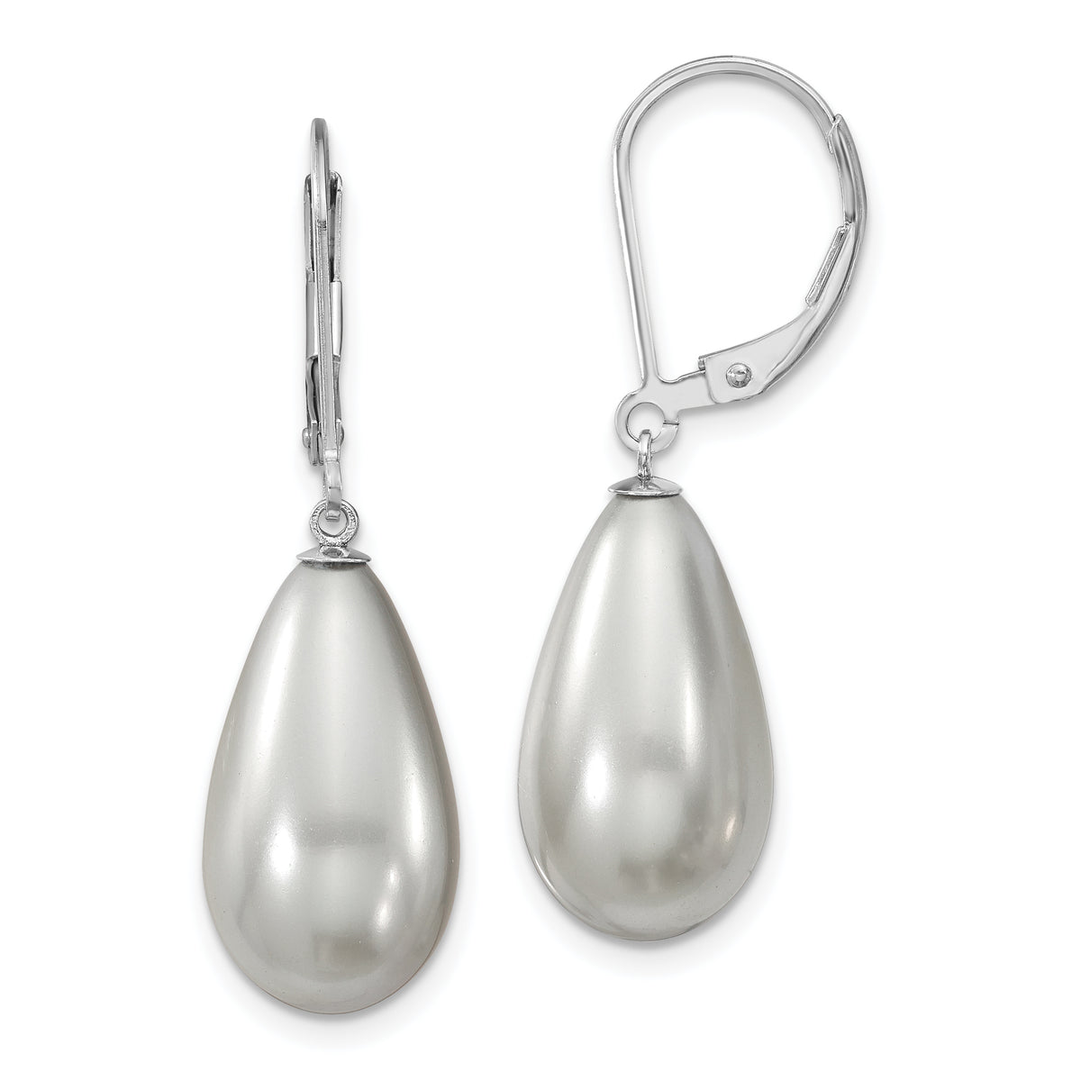 Majestik Sterling Silver Rhodium-plated 10x18mm Teardrop Grey Imitation Shell Pearl Leverback Dangle Earrings