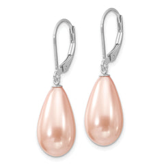 Majestik Sterling Silver Rhodium-plated 10x18mm Teardrop Pink Imitation Shell Pearl Leverback Dangle Earrings