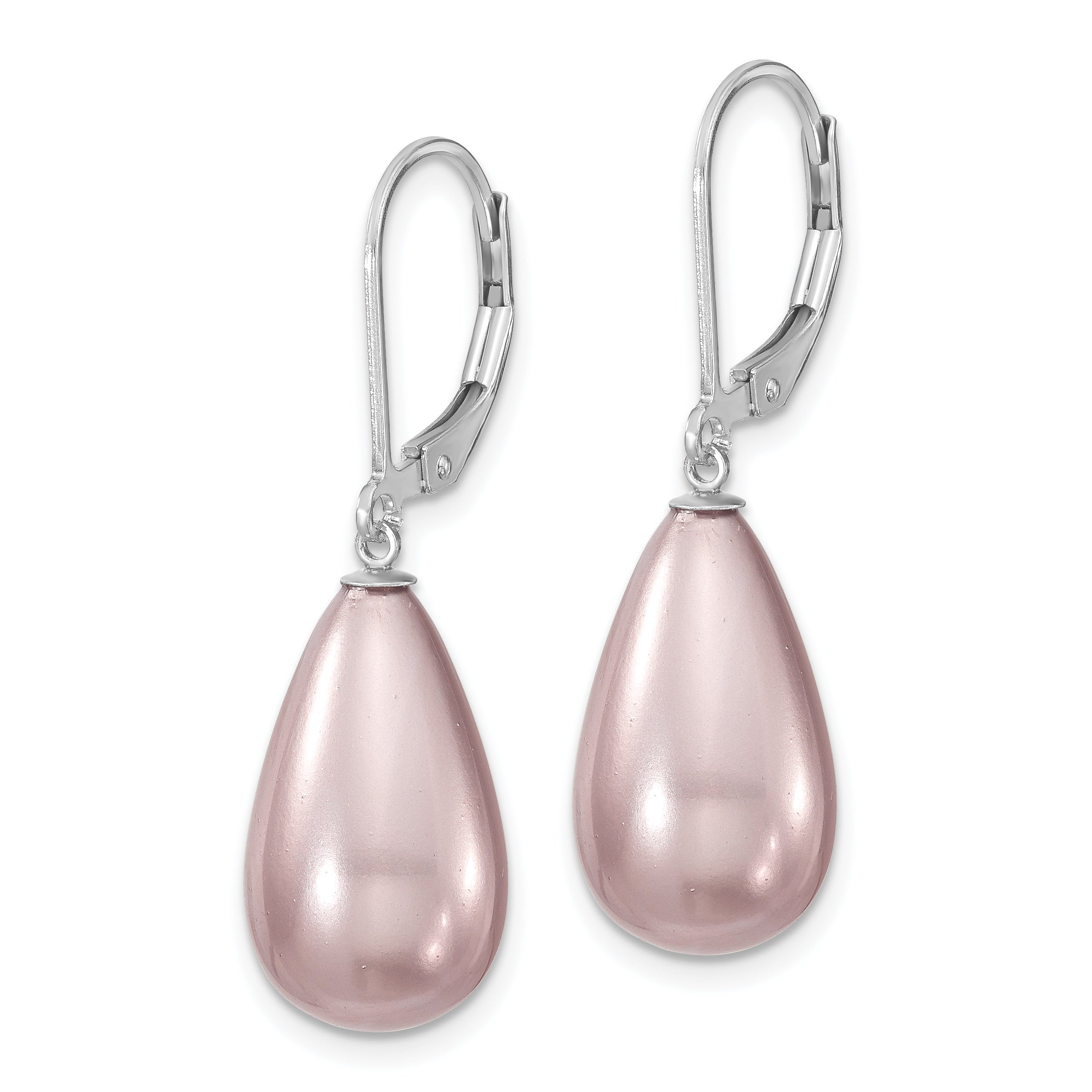 Majestik Sterling Silver Rhodium-plated 10x18mm Teardrop Purple Imitation Shell Pearl Leverback Dangle Earrings