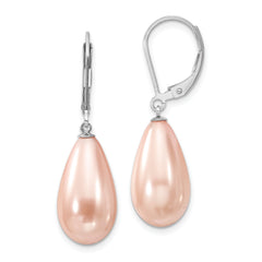 Majestik Sterling Silver Rhodium-plated 10x18mm Teardrop Pink Imitation Shell Pearl Leverback Dangle Earrings