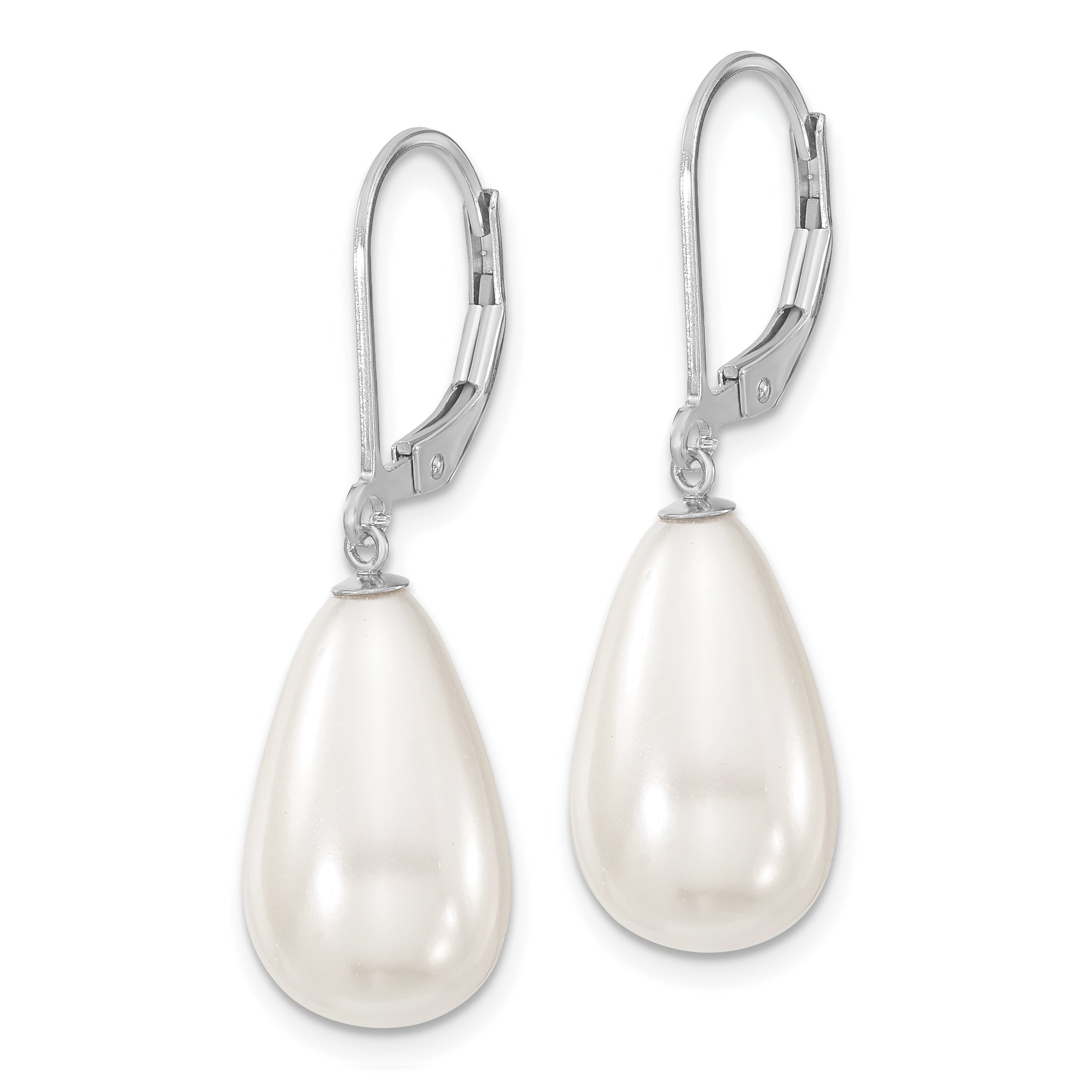 Majestik Sterling Silver Rhodium-plated 10x18mm Teardrop White Imitation Shell Pearl Leverback Dangle Earrings