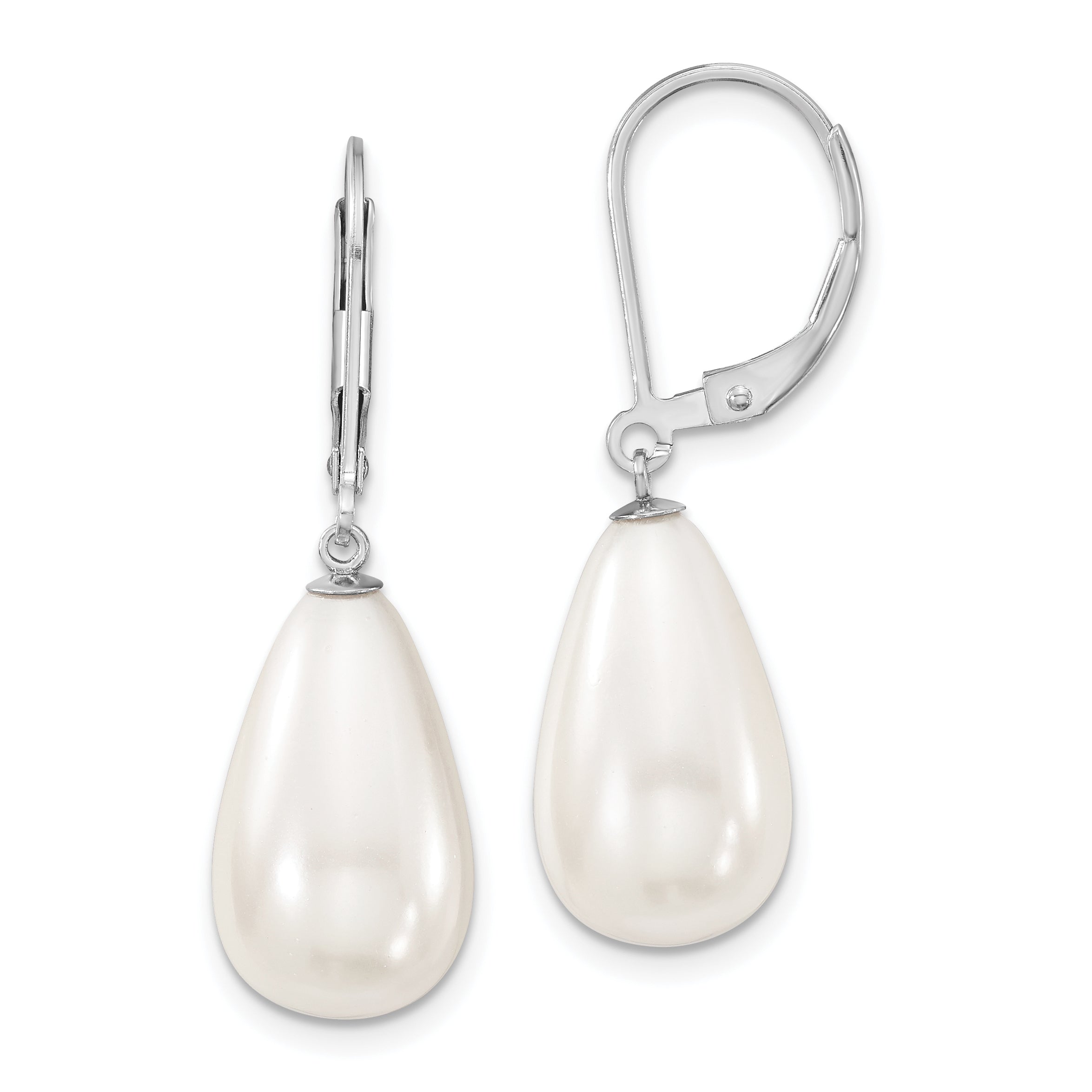 Majestik Sterling Silver Rhodium-plated 10x18mm Teardrop White Imitation Shell Pearl Leverback Dangle Earrings