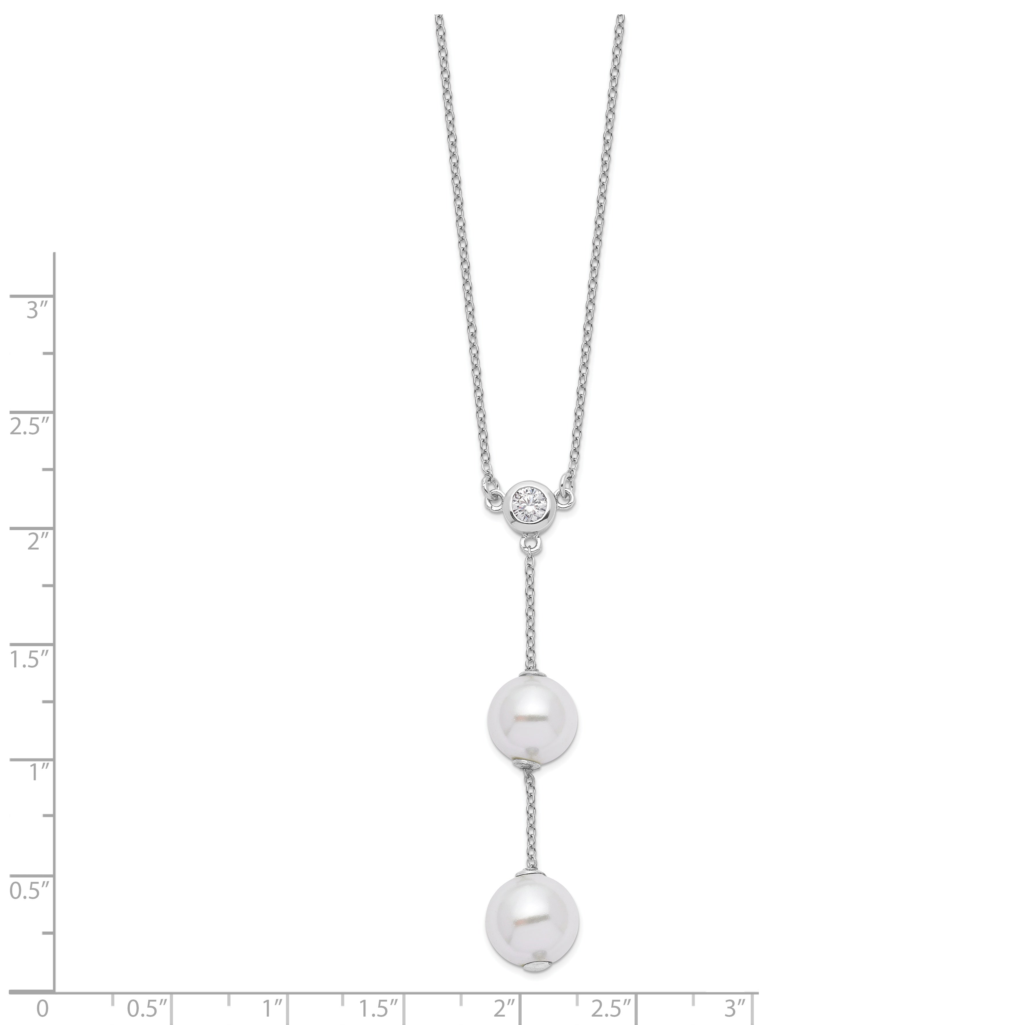 Majestic Sterling Silver Rhodium-plated 10-11mm White Imitation Shell Pearl CZ Y-Drop Spring Ring Clasp 18 inch Necklace