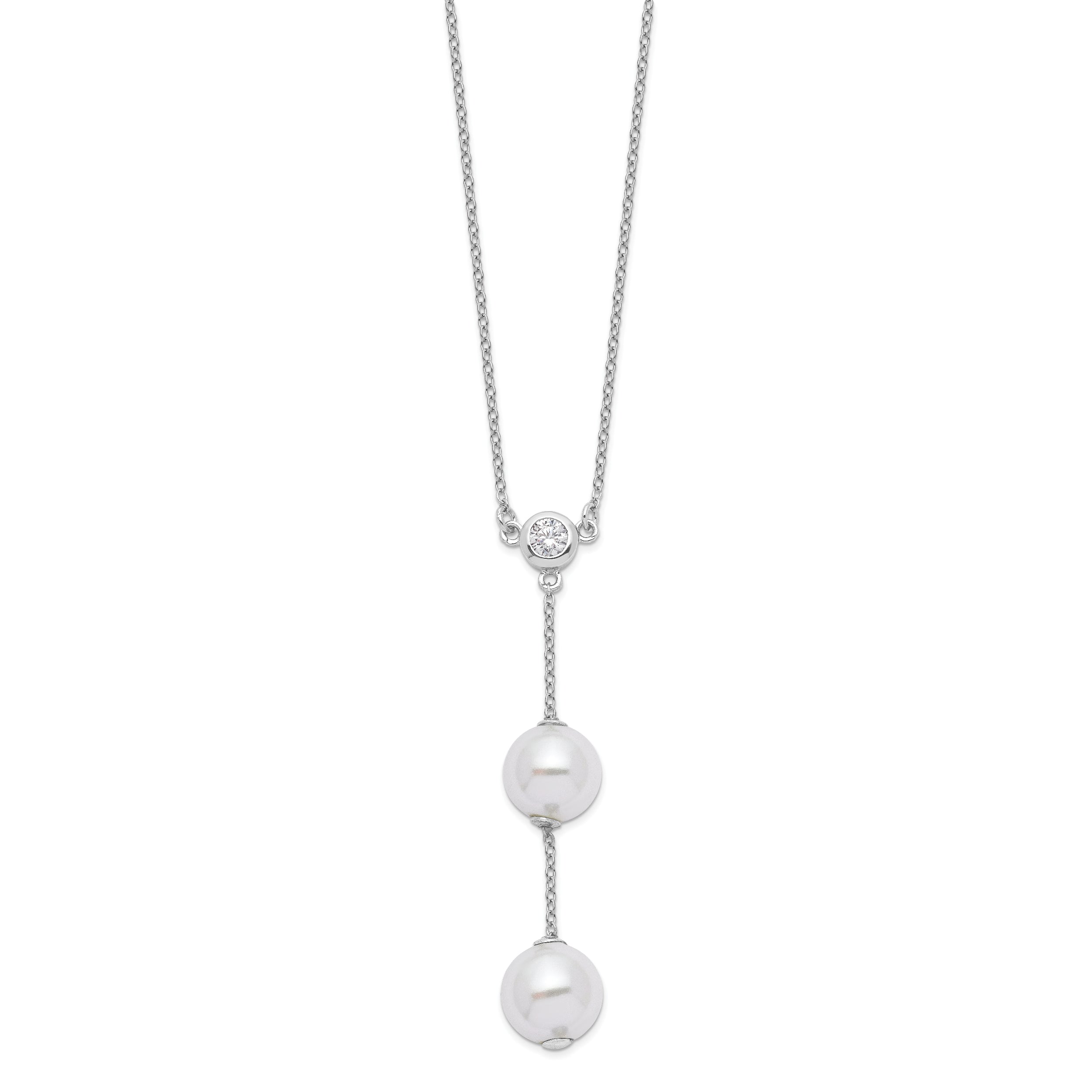 Majestic Sterling Silver Rhodium-plated 10-11mm White Imitation Shell Pearl CZ Y-Drop Spring Ring Clasp 18 inch Necklace