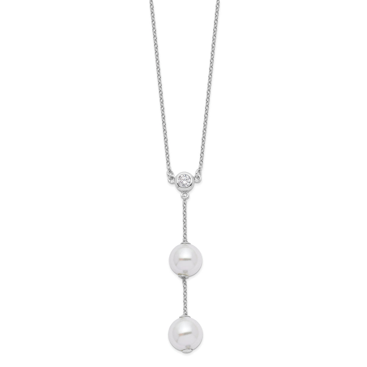 Majestic Sterling Silver Rhodium-plated 10-11mm White Imitation Shell Pearl CZ Y-Drop Spring Ring Clasp 18 inch Necklace