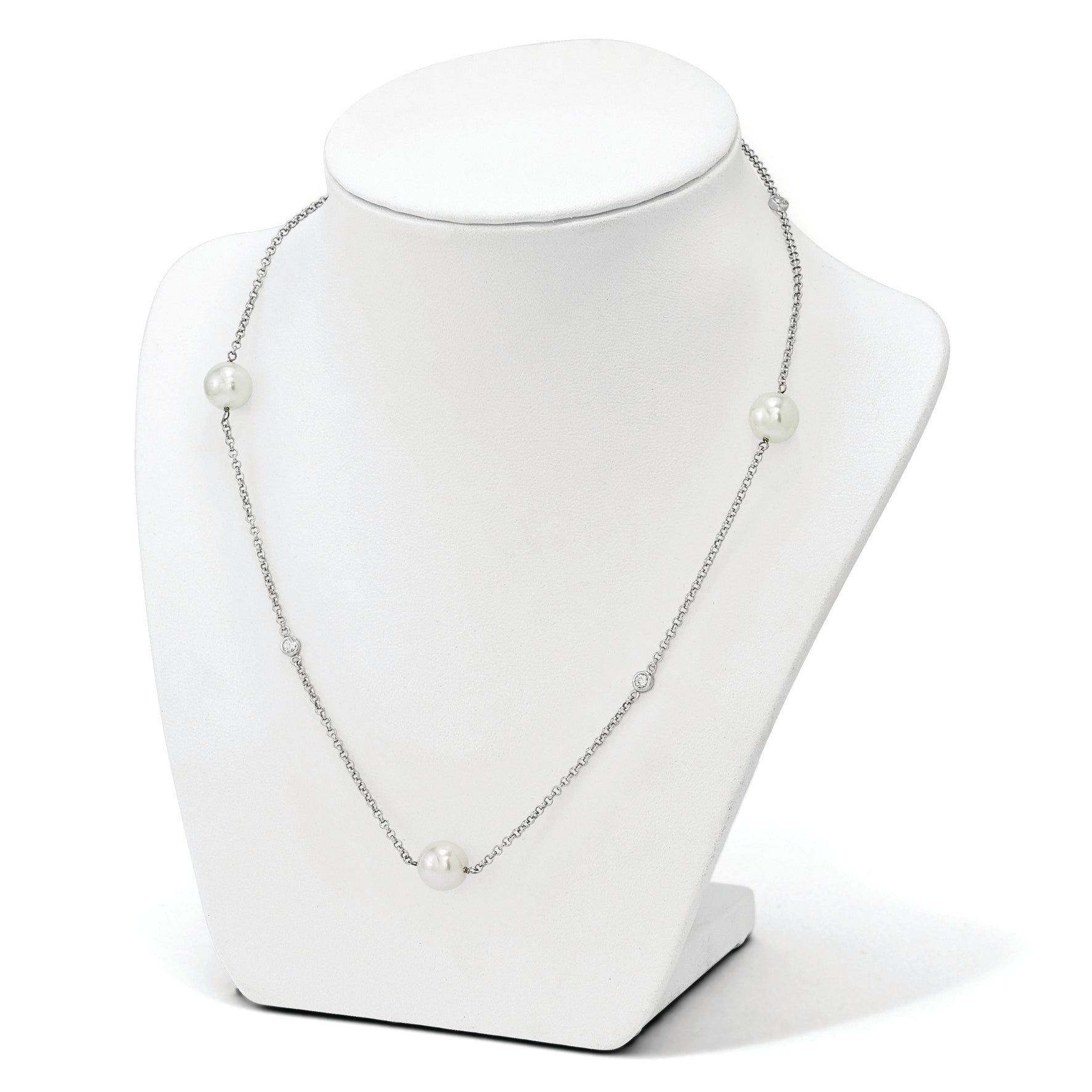 Sterling Silver Majestik Rh-pl 10-11mm Wht Imitat. Shell Pearl & CZ Necklac