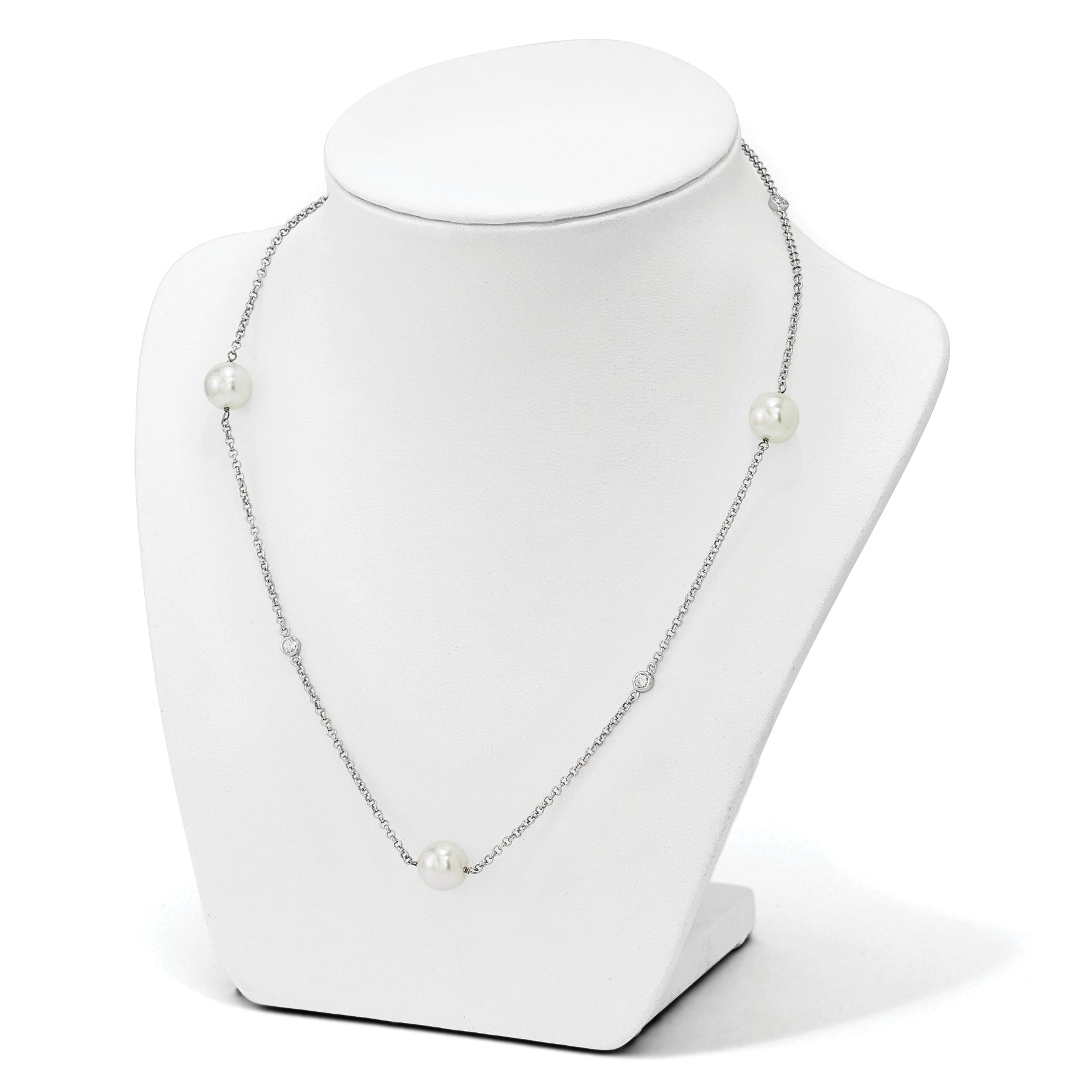 Sterling Silver Majestik Rh-pl 10-11mm Wht Imitat. Shell Pearl & CZ Necklac