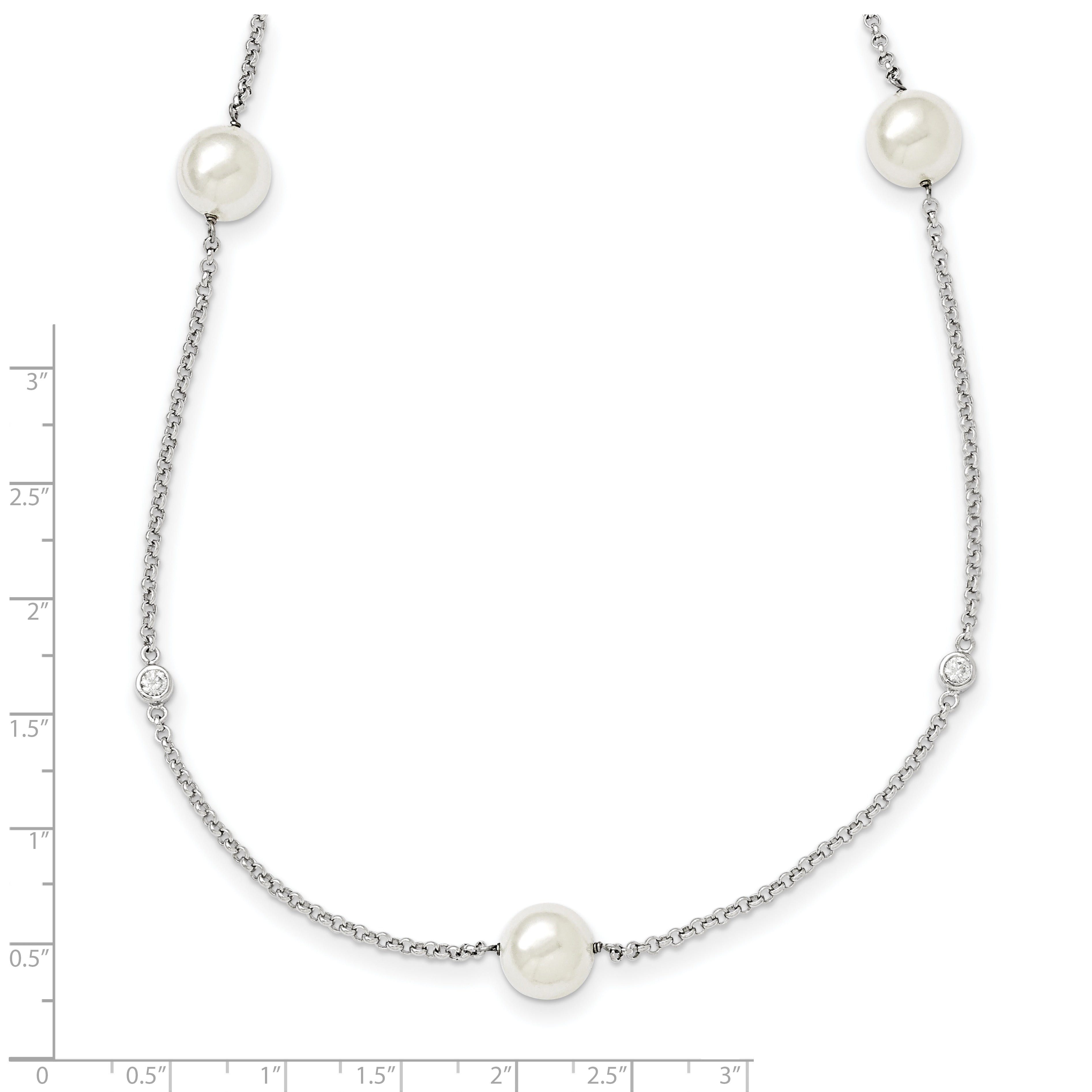 Sterling Silver Majestik Rh-pl 10-11mm Wht Imitat. Shell Pearl & CZ Necklac