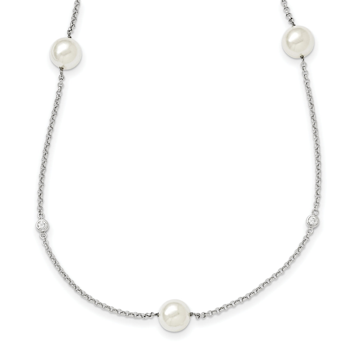 Sterling Silver Majestik Rh-pl 10-11mm Wht Imitat. Shell Pearl & CZ Necklac