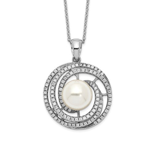 Sterling Silver Majestik Rh-plated 10-11mm Imitat Shell Pearl CZ Necklace