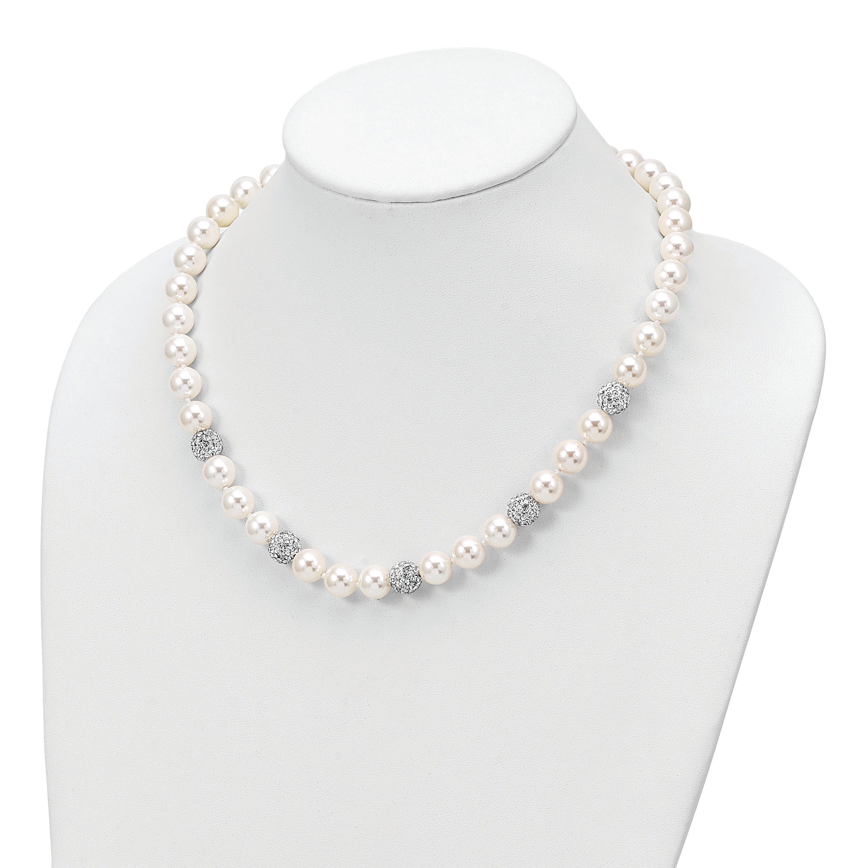 Majestik Sterling Silver Rhodium-plated 10-11mm White Imitation Shell Pearl Crystal Hand-knotted Necklace