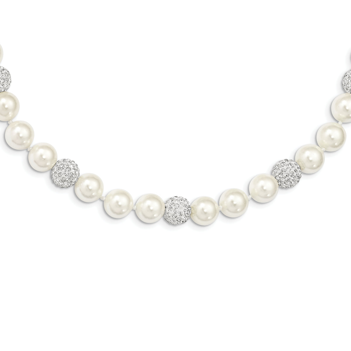 Majestik Sterling Silver Rhodium-plated 10-11mm White Imitation Shell Pearl Crystal Hand-knotted Necklace