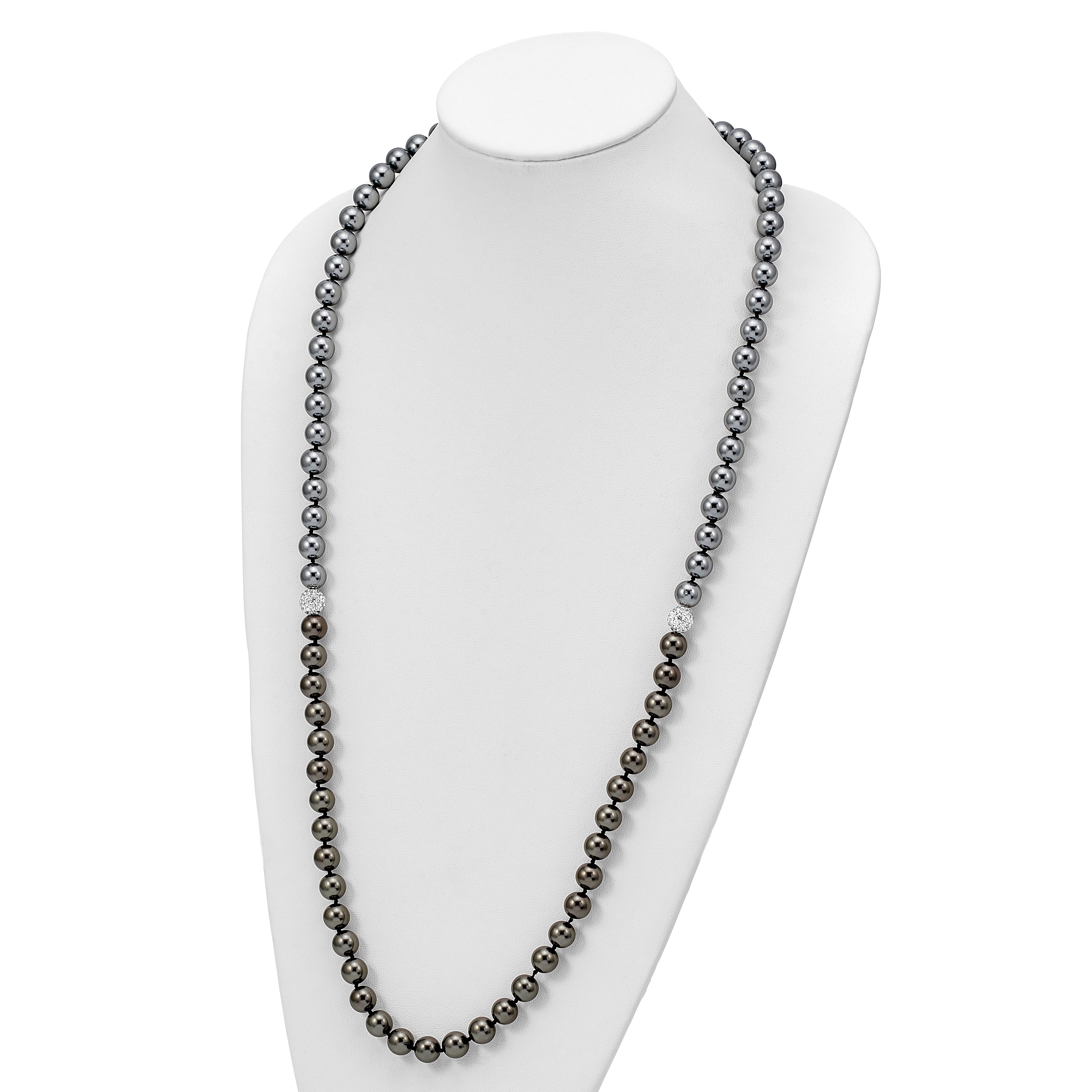 Majestik 10-11mm Black Grey Imitation Shell Pearl Crystal Slip-on Hand-knotted Necklace