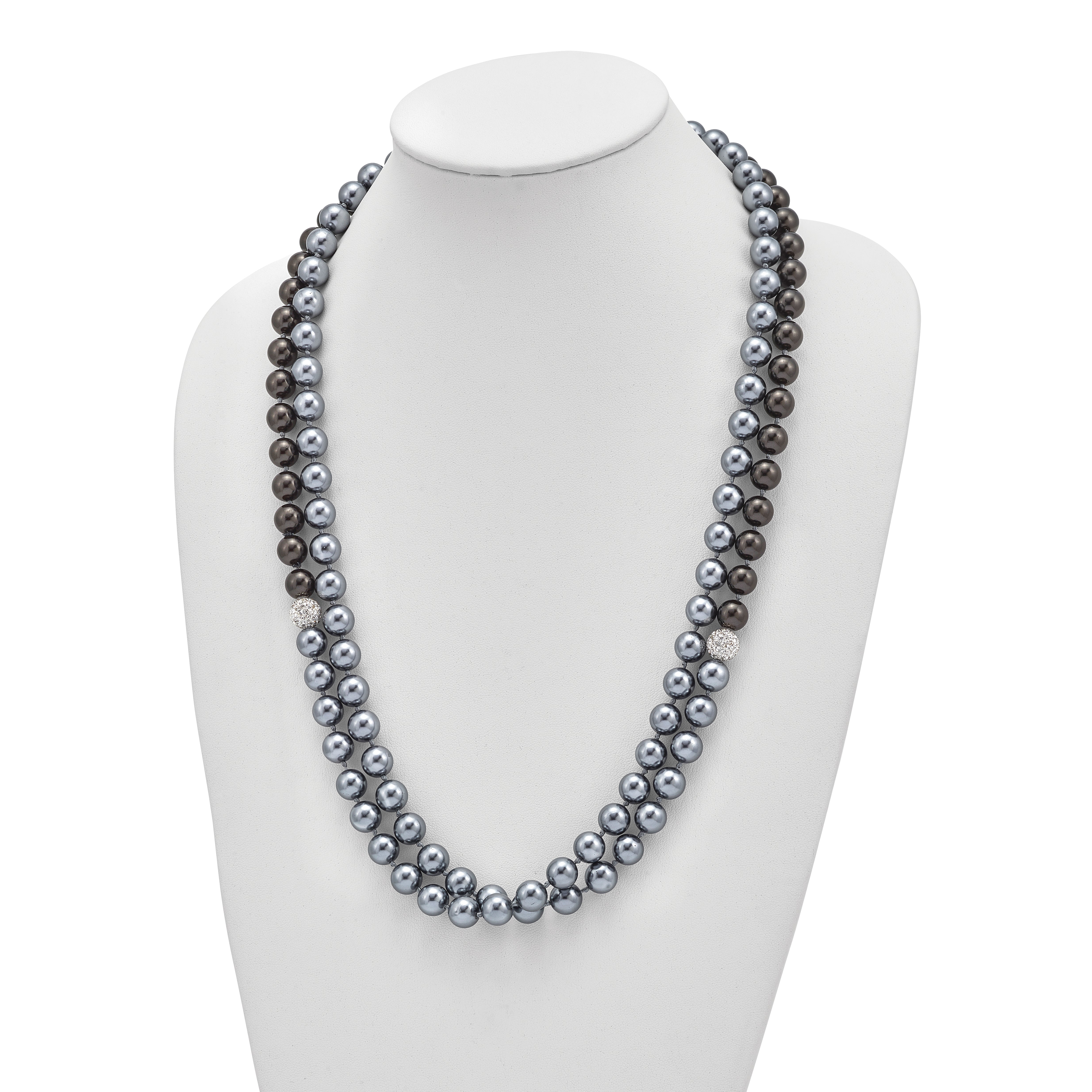 Majestik 10-11mm Black Grey Imitation Shell Pearl Crystal Slip-on Hand-knotted Necklace