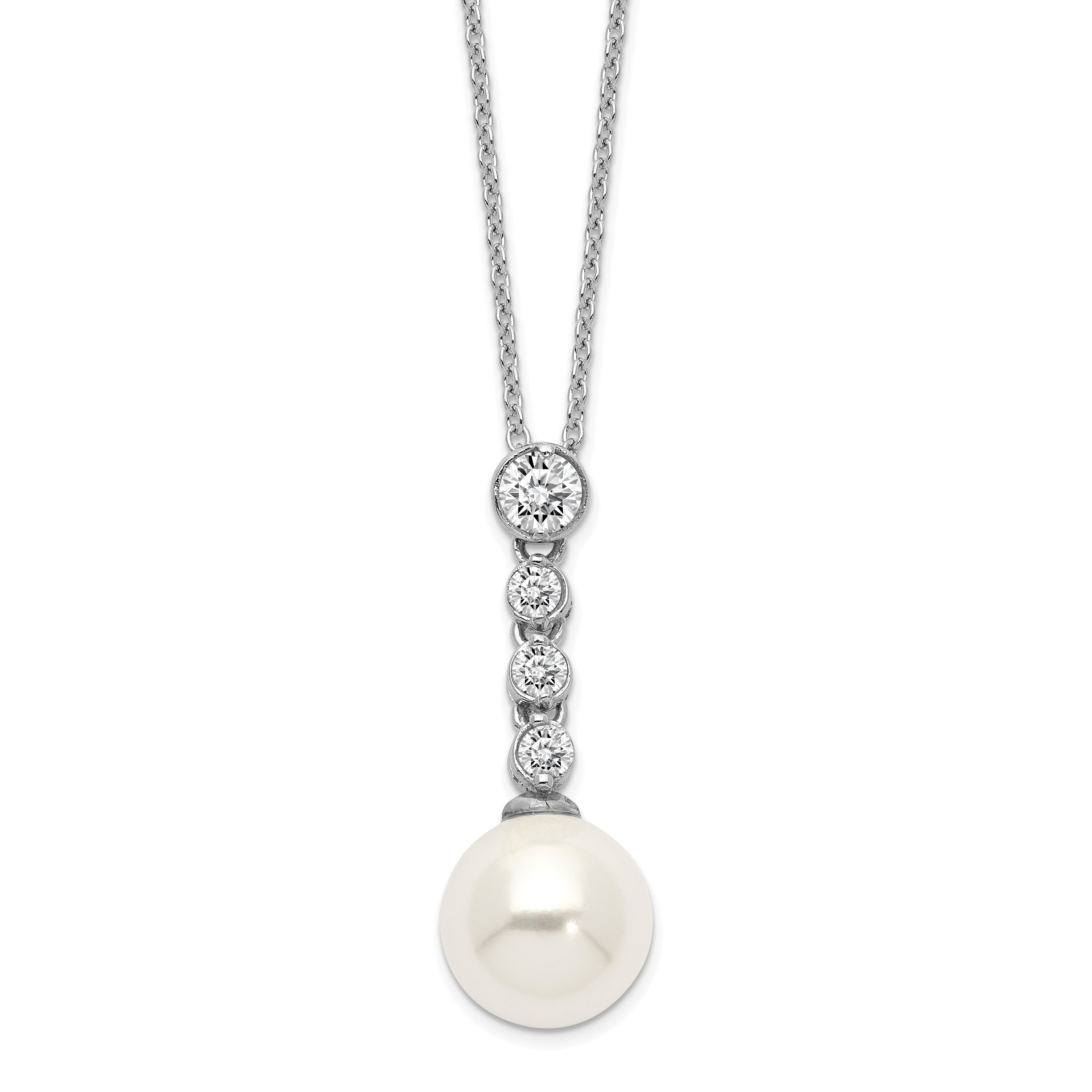 Majestik Sterling Silver Rhodium-plated 10-11mm Imitation Shell Pearl CZ Spring Ring Clasp 17 inch Necklace