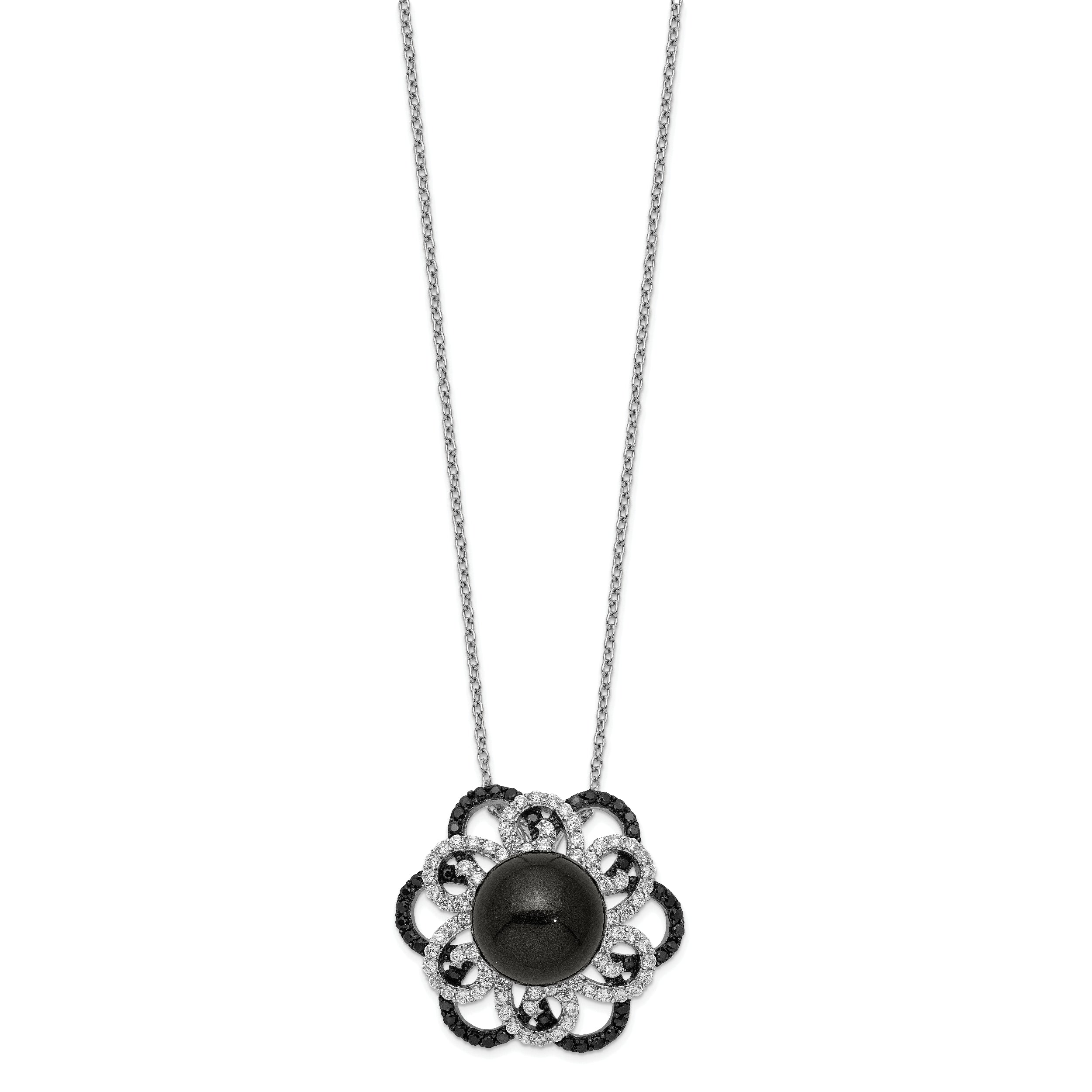 Sterling Silver Majestik Rh-pl 12-13mm Blk Shell Blk/Wht CZ Necklace