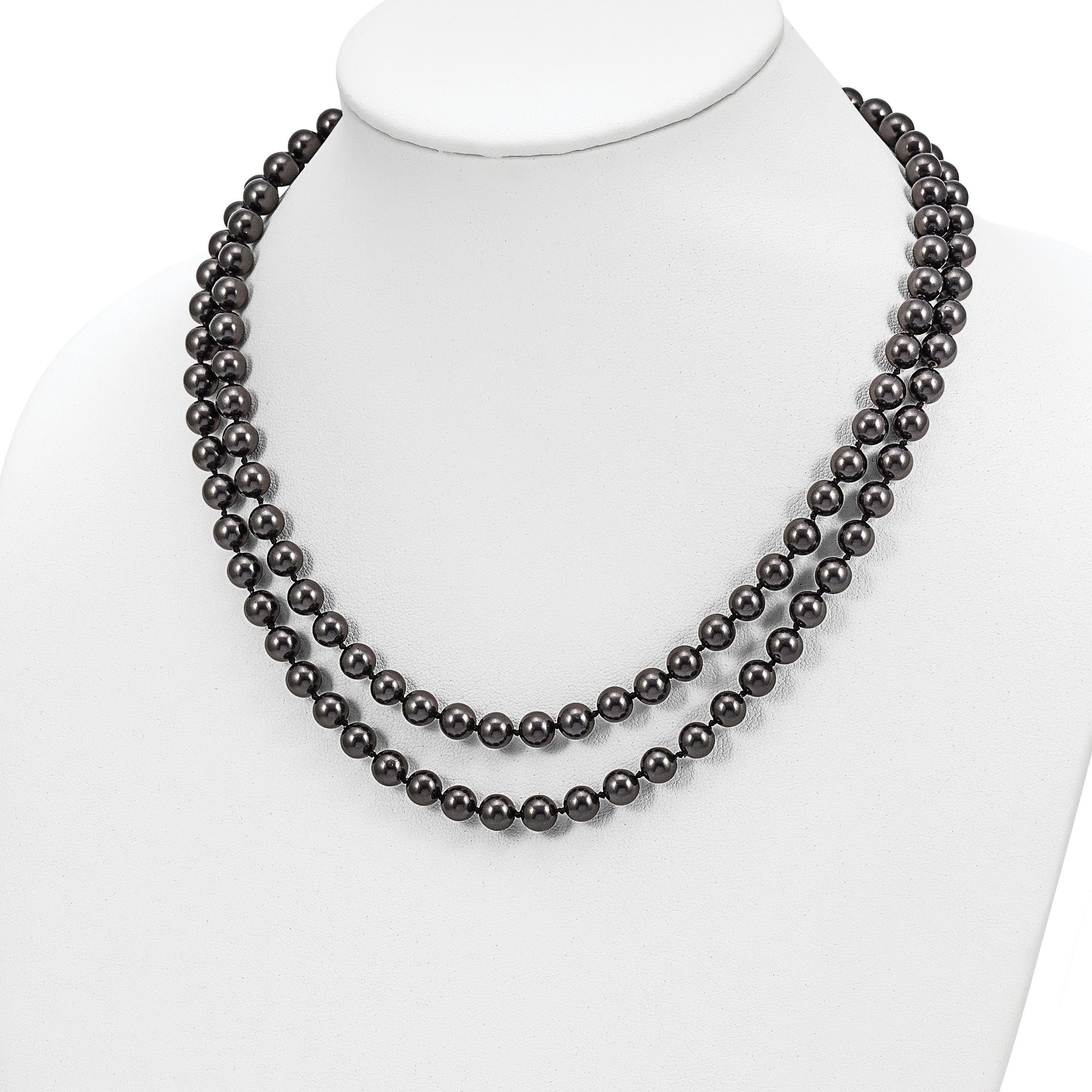 Majestik Sterling Silver Rhodium-plated 2 Row 7-8mm Black Imitation Shell Pearl Hand-knotted Necklace