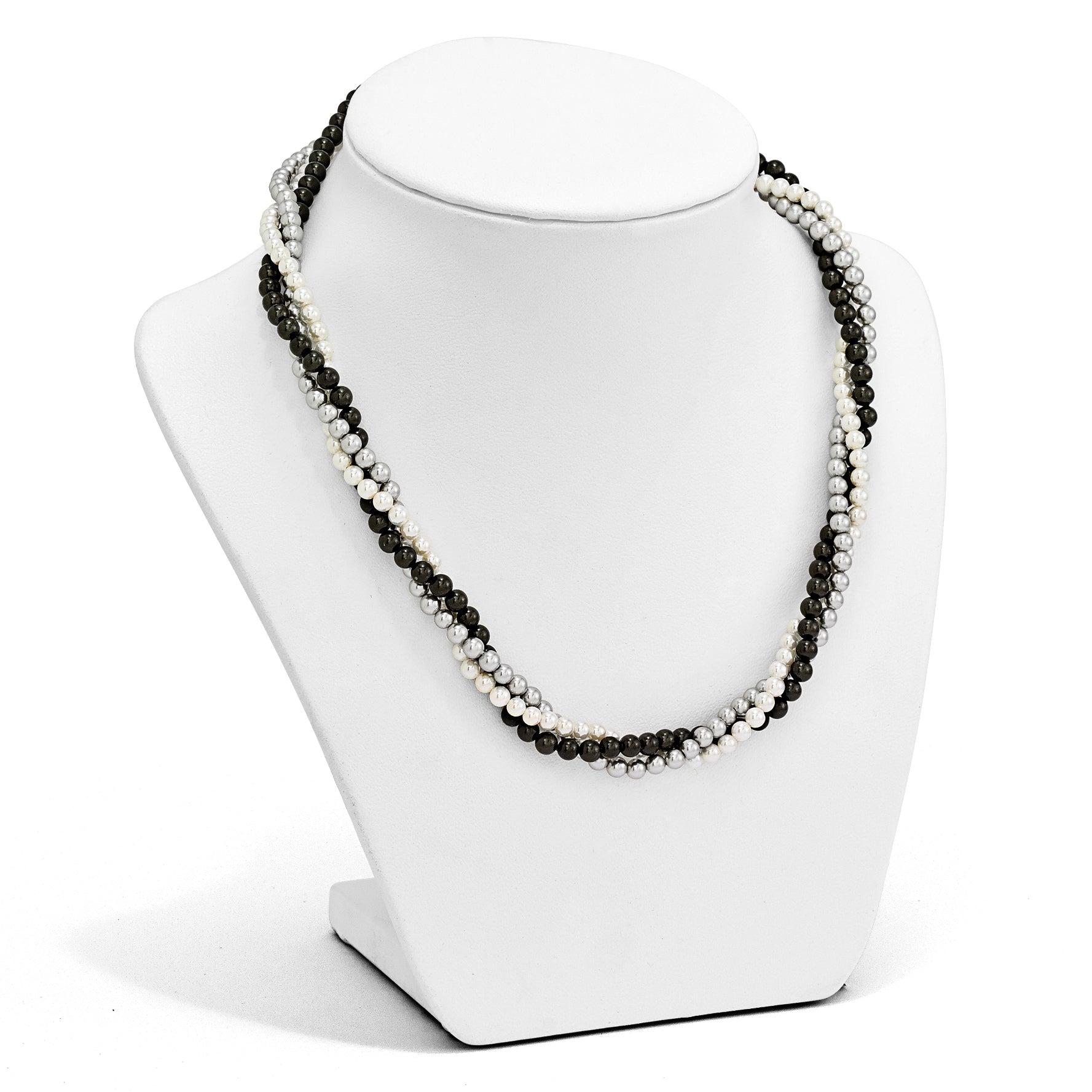 Majestik Sterling Silver Rhodium-plated 3 Row 4-5mm White Grey Black Imitation Shell Pearl Hand-knotted Necklace