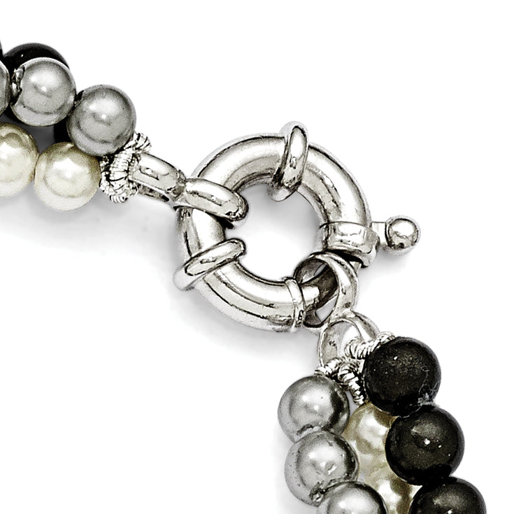 Majestik Sterling Silver Rhodium-plated 3 Row 4-5mm White Grey Black Imitation Shell Pearl Hand-knotted Necklace