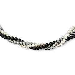 Majestik Sterling Silver Rhodium-plated 3 Row 4-5mm White Grey Black Imitation Shell Pearl Hand-knotted Necklace