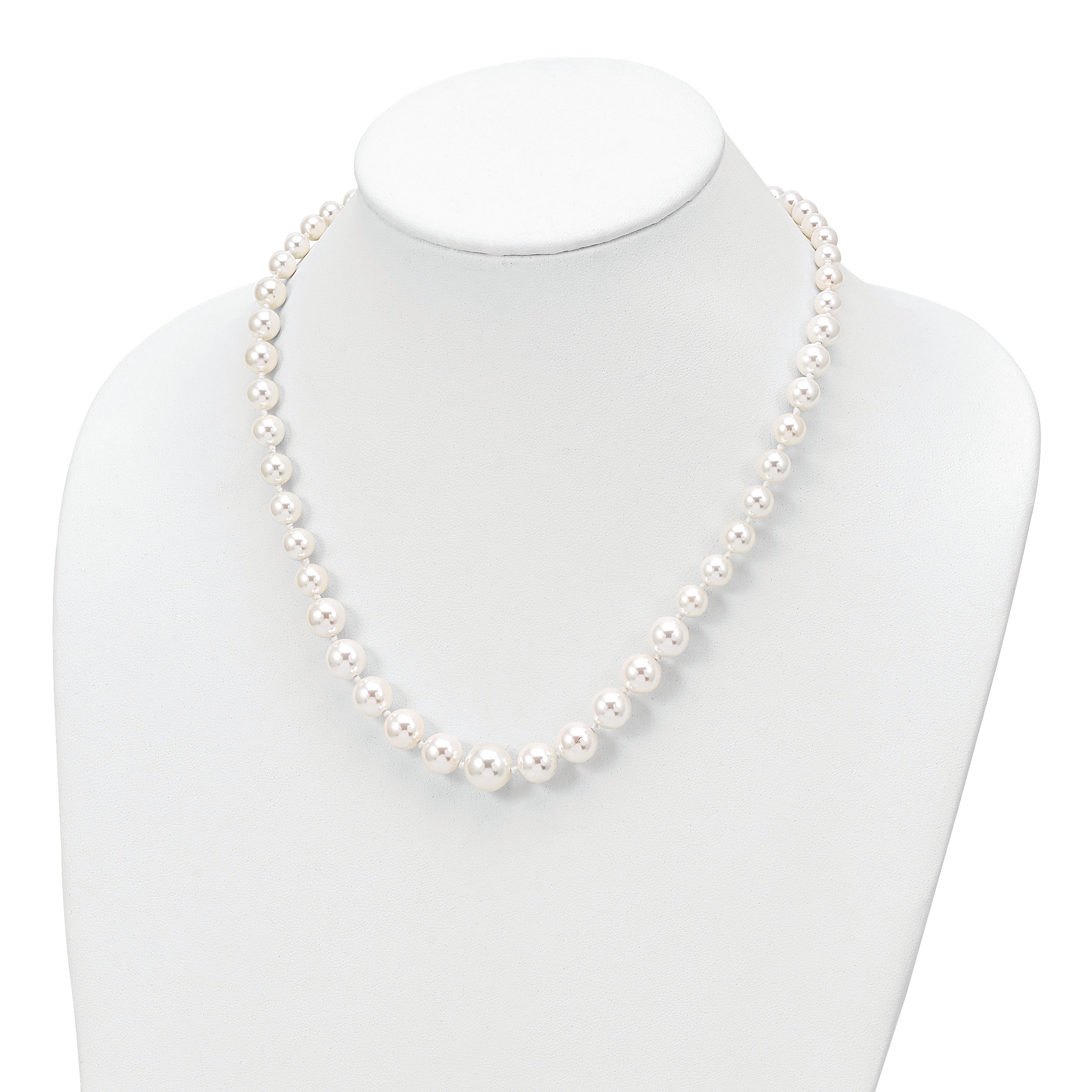 Majestik Sterling Silver Rhodium-plated 6-12mm Graduated White Imitation Shell Pearl Hand-knotted Necklace