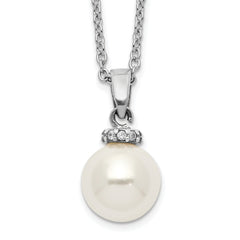 Majestik Sterling Silver Rhodium-plated 8-9mm White Imitation Shell Pearl CZ Spring Ring Clasp 17 inch Necklace