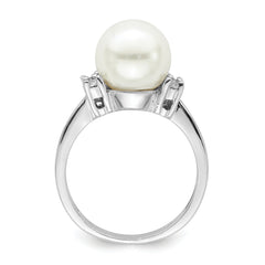 Majestik Sterling Silver Rhodium-plated Size 6 10-11mm White Imitation Shell Pearl and CZ Ring