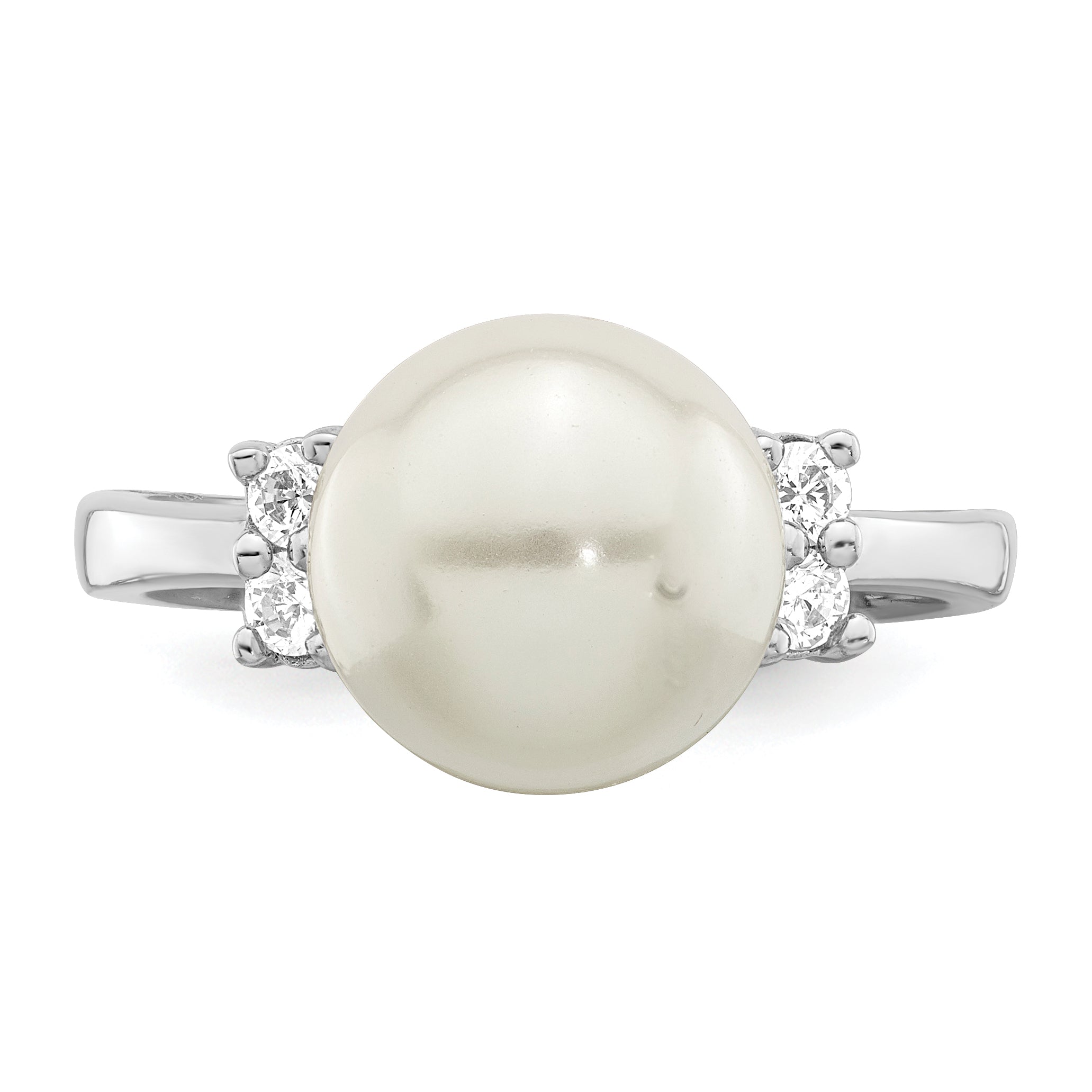 Majestik Sterling Silver Rhodium-plated Size 6 10-11mm White Imitation Shell Pearl and CZ Ring