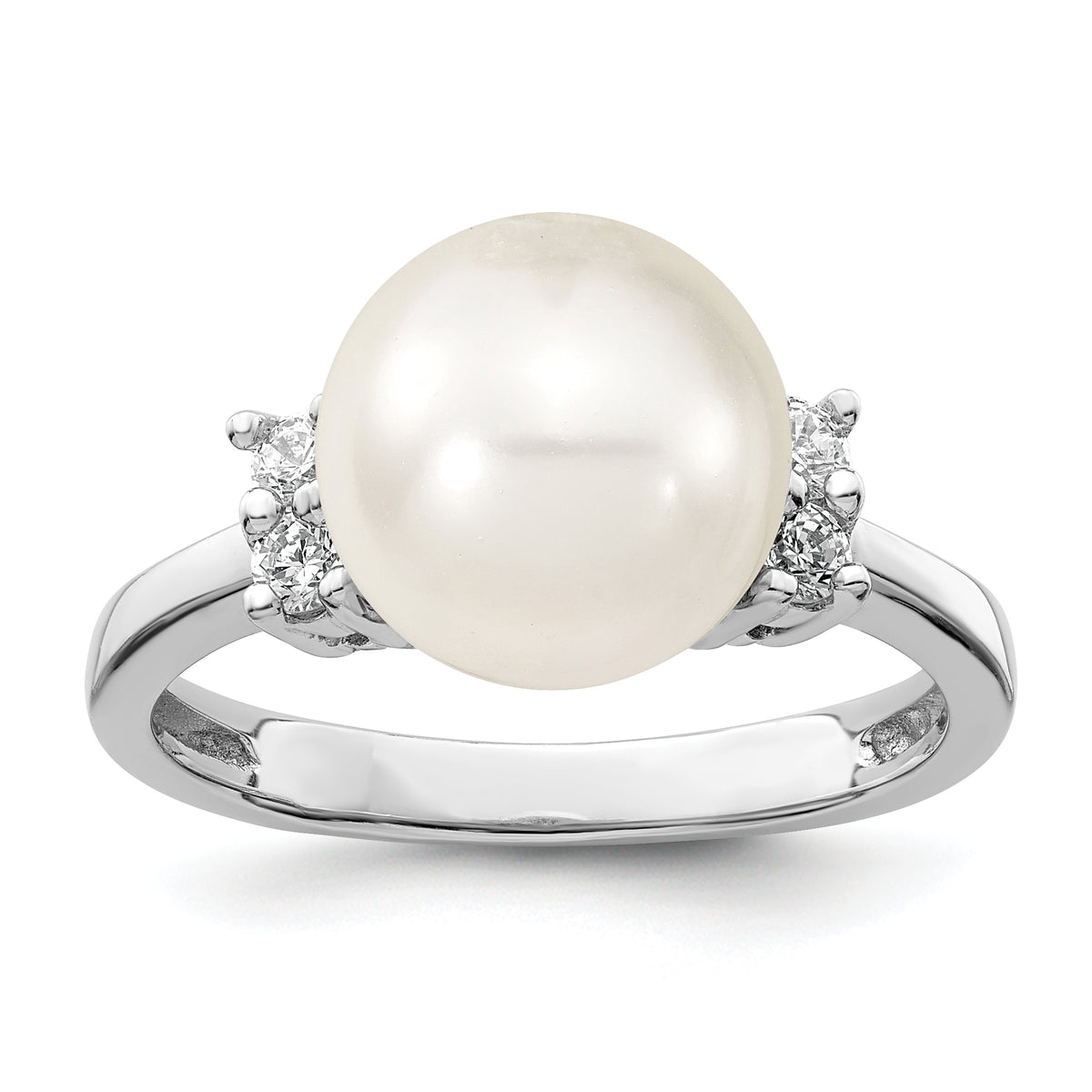 Majestik Sterling Silver Rhodium-plated Size 8 10-11mm White Imitation Shell Pearl and CZ Ring