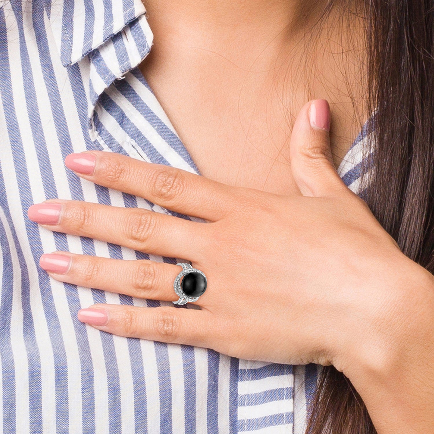 Majestik Sterling Silver Rhodium-plated Size 6 12-13mm Black Imitation Shell Pearl and CZ Ring