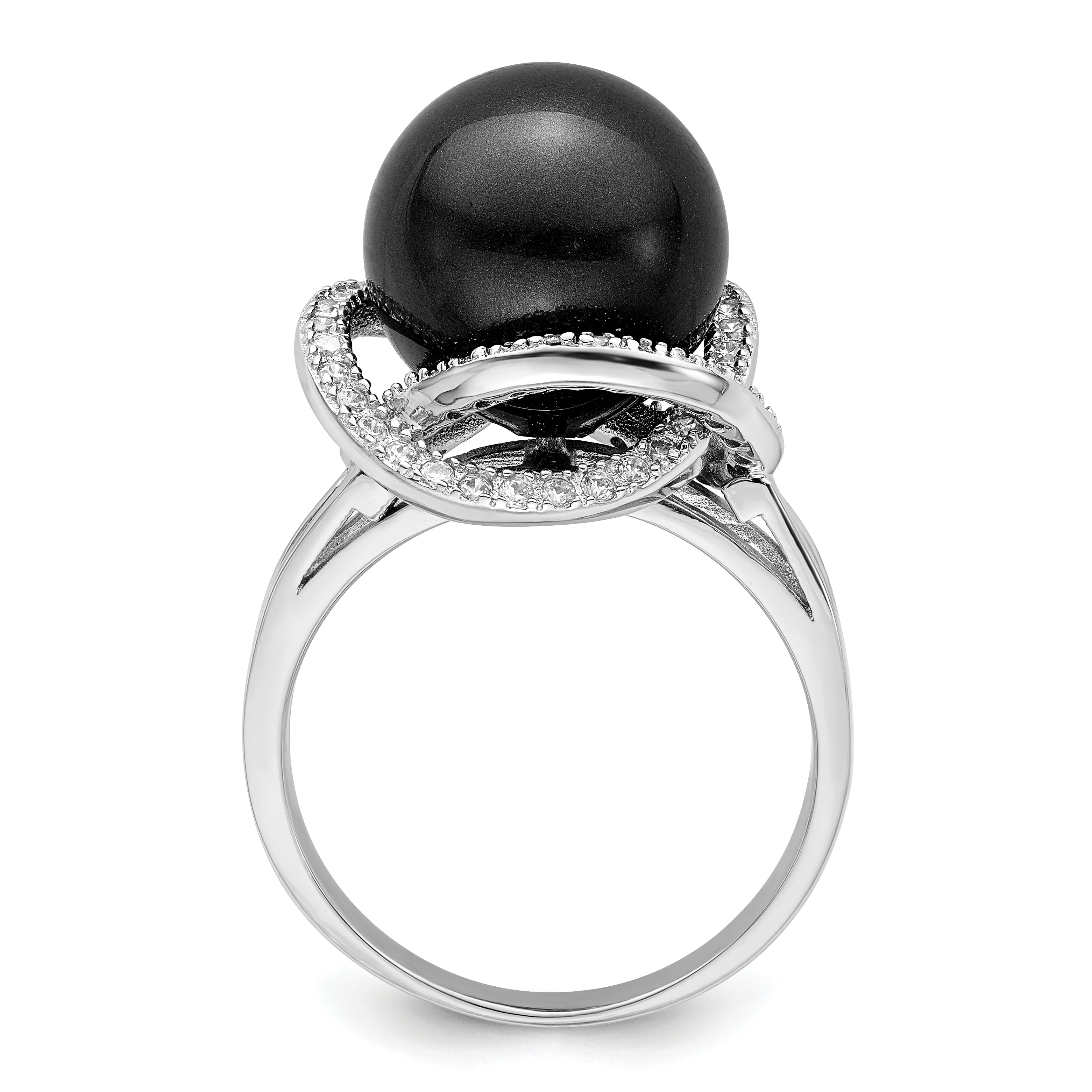 Majestik Sterling Silver Rhodium-plated Size 6 12-13mm Black Imitation Shell Pearl and CZ Ring