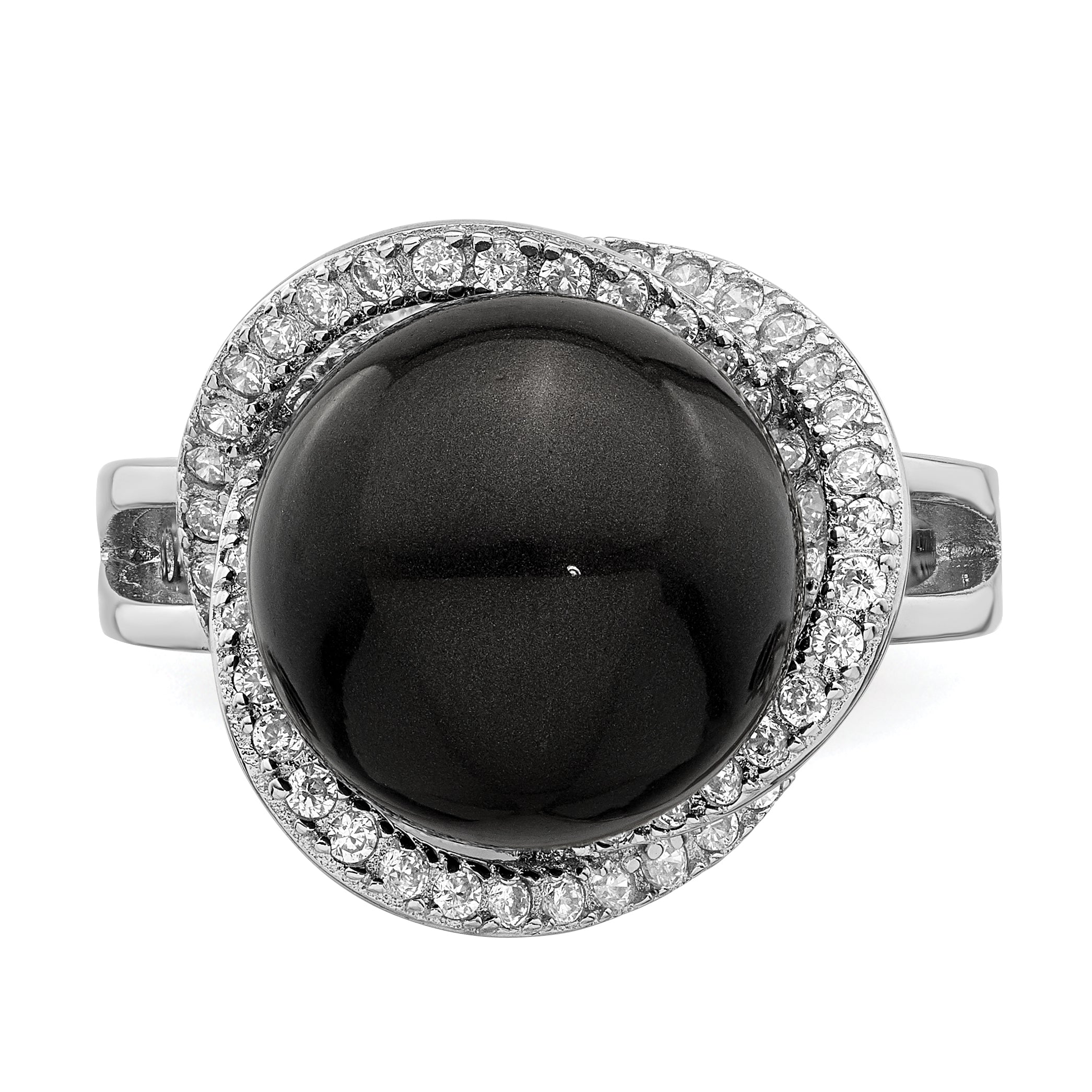 Majestik Sterling Silver Rhodium-plated Size 6 12-13mm Black Imitation Shell Pearl and CZ Ring